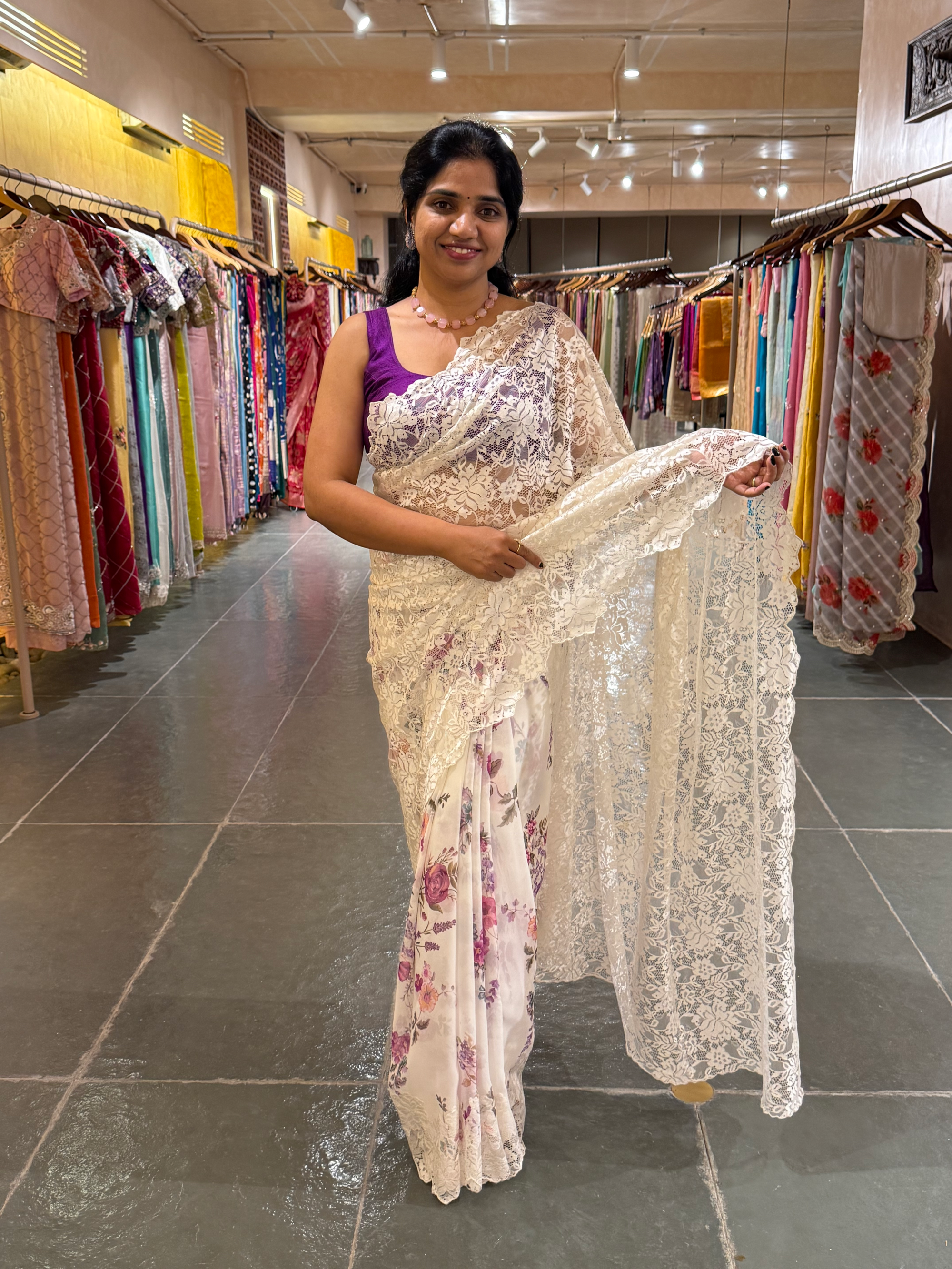 Designer Gorgette Saree with Chantilly lace for Pallu in Half and Half style