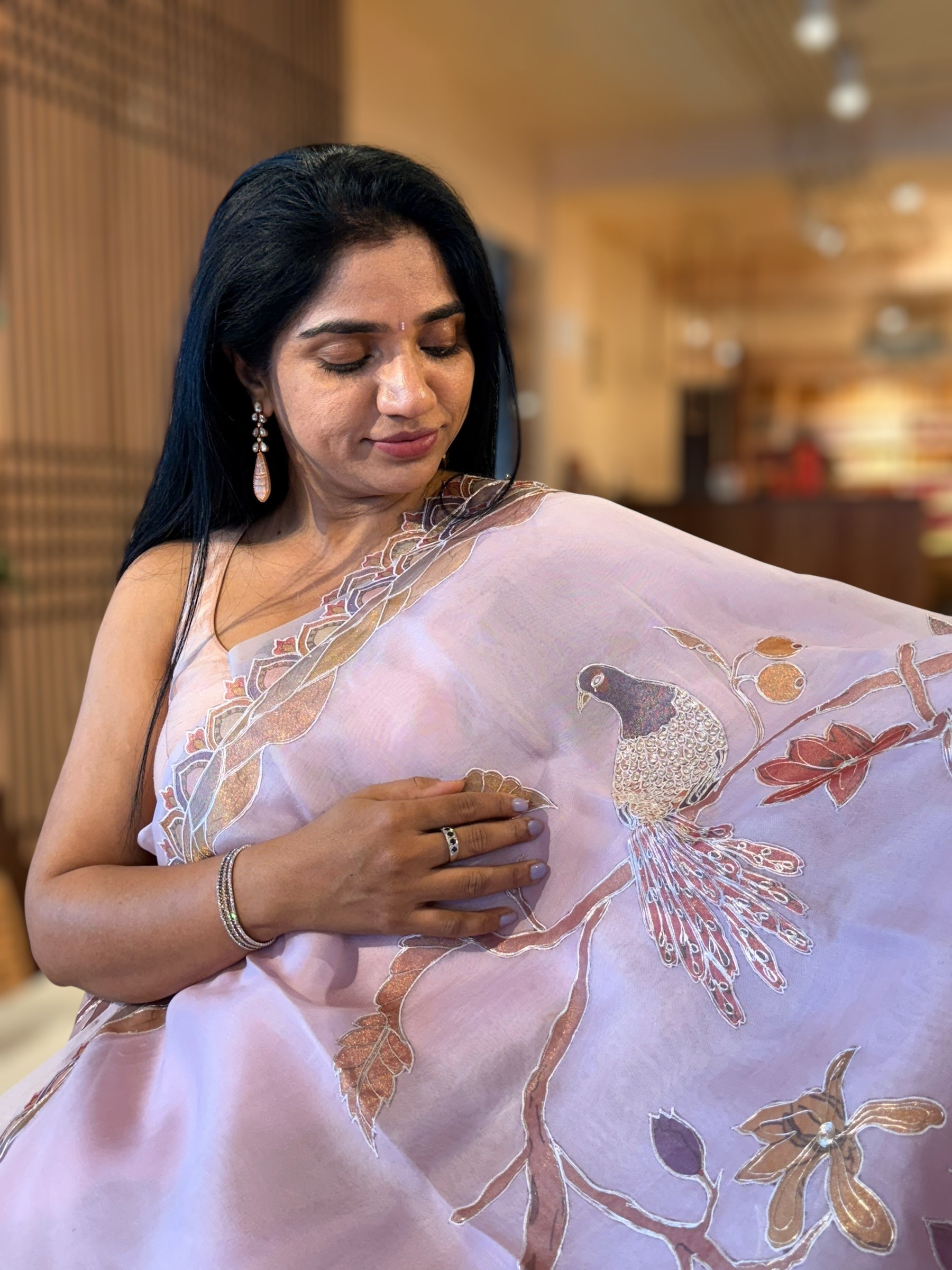 Lilac Pink Pure Organza Saree with one of a kind Tissue Applique work allover