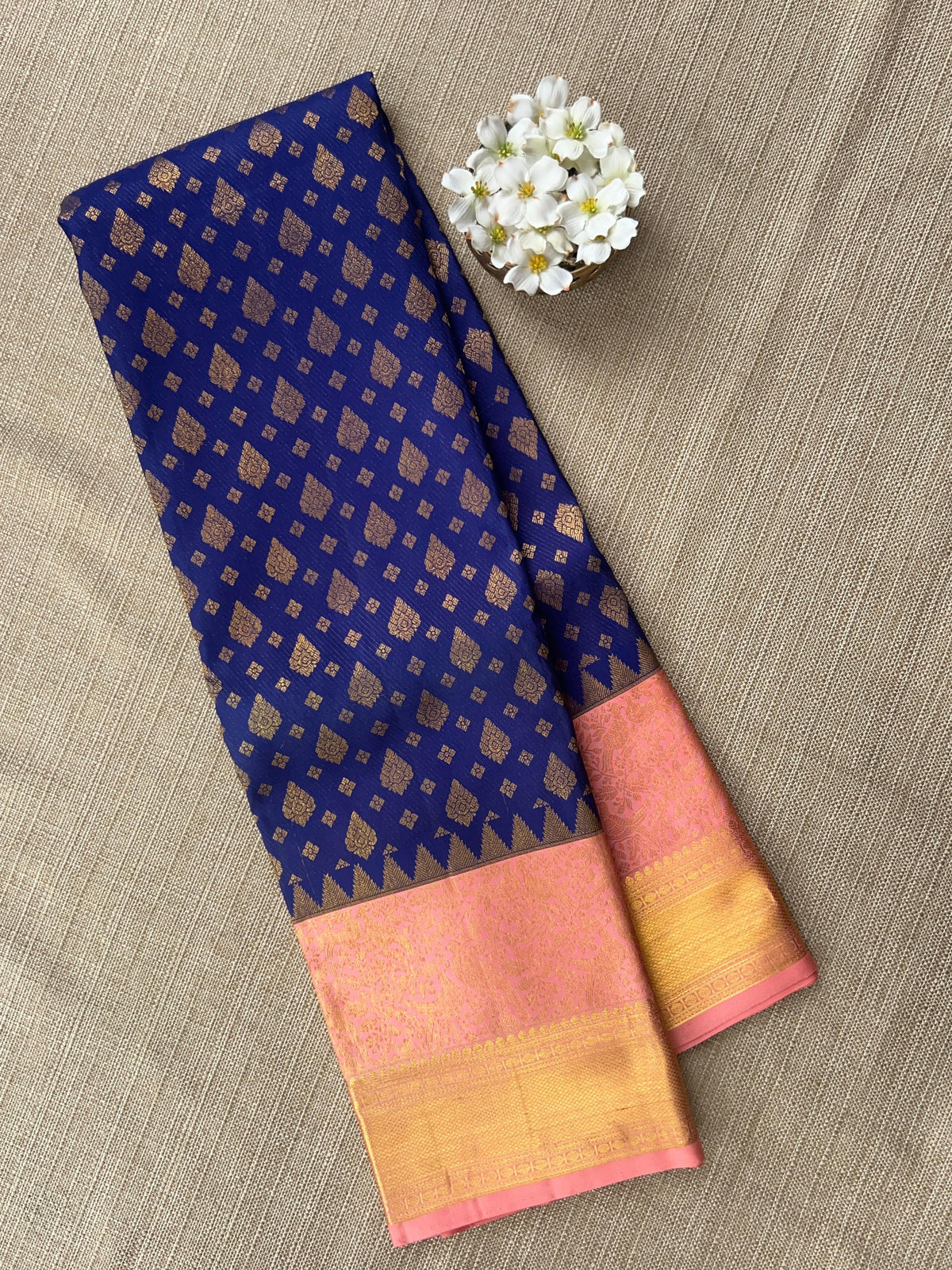 Purplish  Blue & Peach Pink Pure Kanchi Pattu Saree
