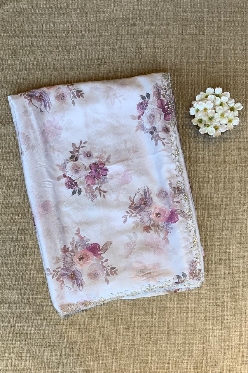 Light Pink Pure Chinnon Satin Crepe Saree With Floral Print & Handwork Borders