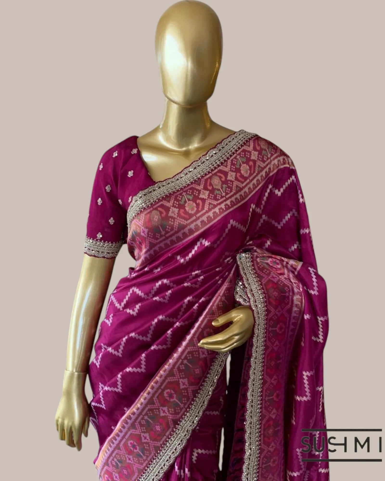 Majenta Tussar Silk Gorgette Saree in Ikkath Patola style Chevron body and Patol