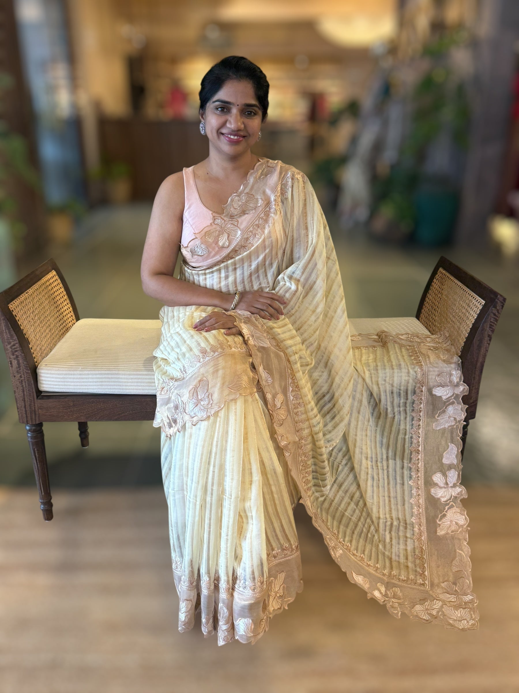 Pastel Yellow Mul Tissue Stripes Saree With Tissue Cutwork  Border & Blouse