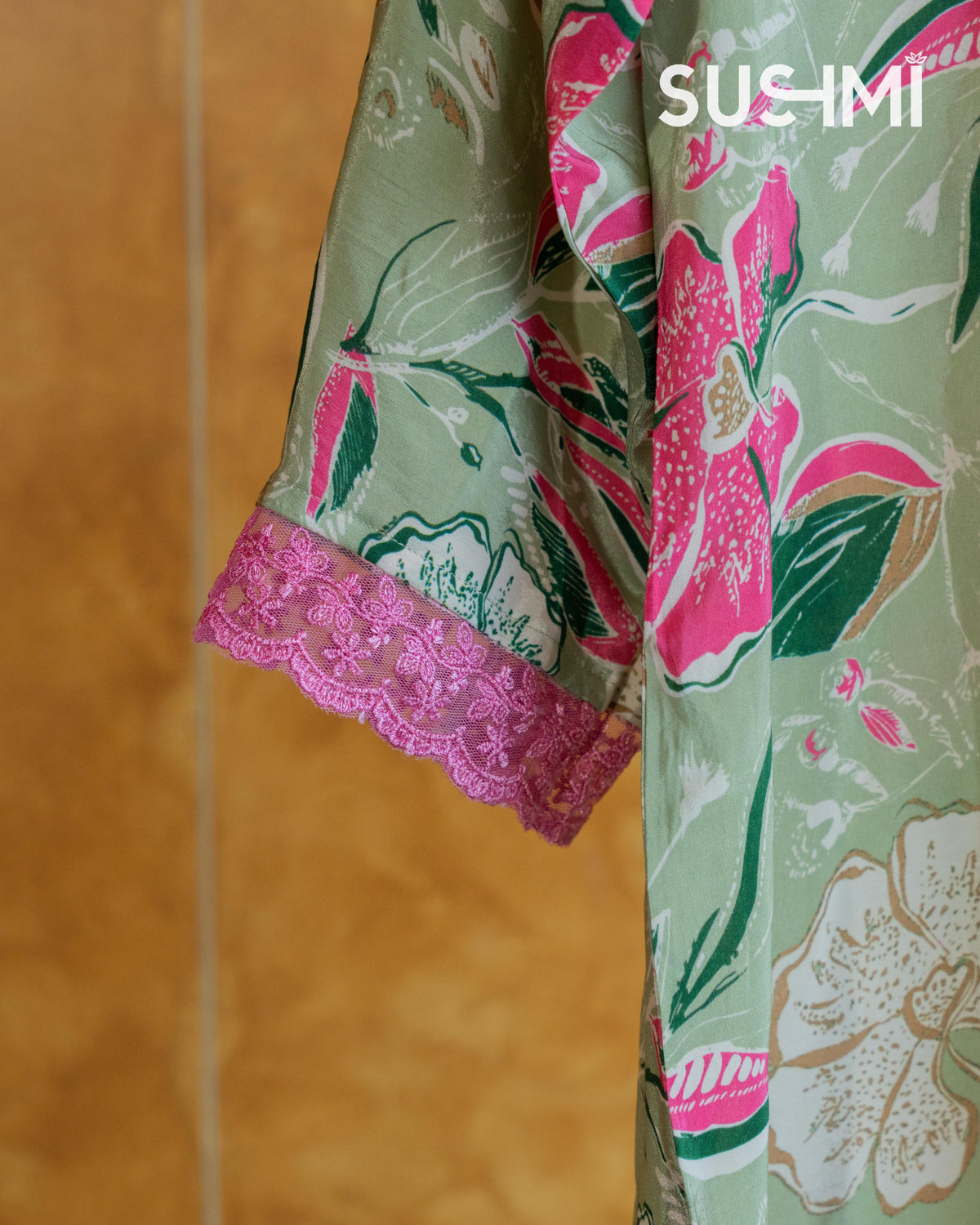 Floral printed coordset with lace hemline for neck and sleeves .Bottom is also p