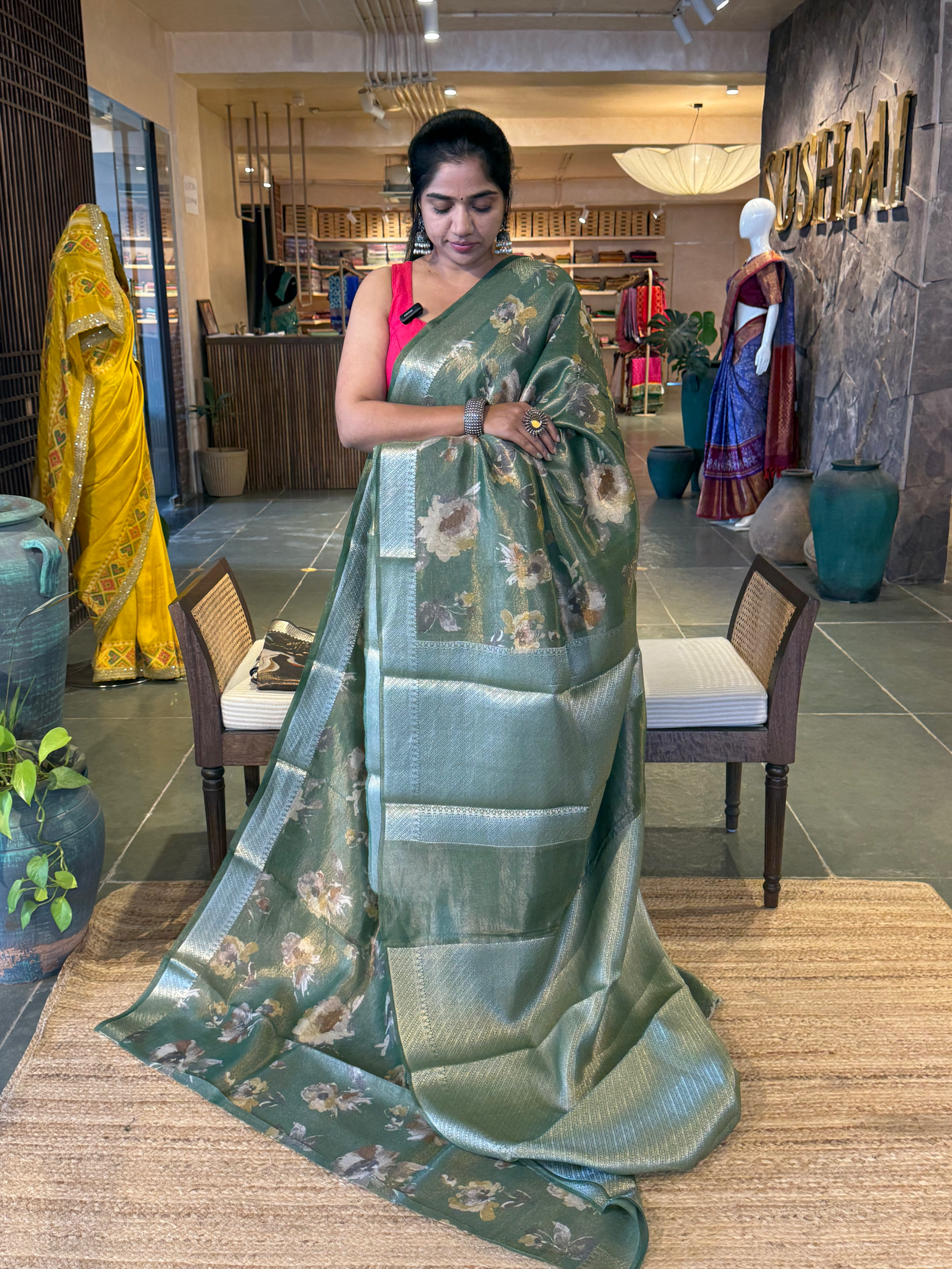 Bottle Green Banarasi Floral Printed Cotton Saree with brocade pallu and blouse
