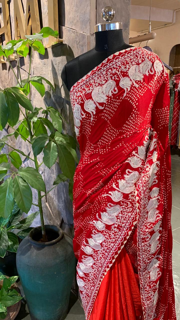 Pure Gajji Silk Rai Bandhej Saree in half and half style with Swan embroidery