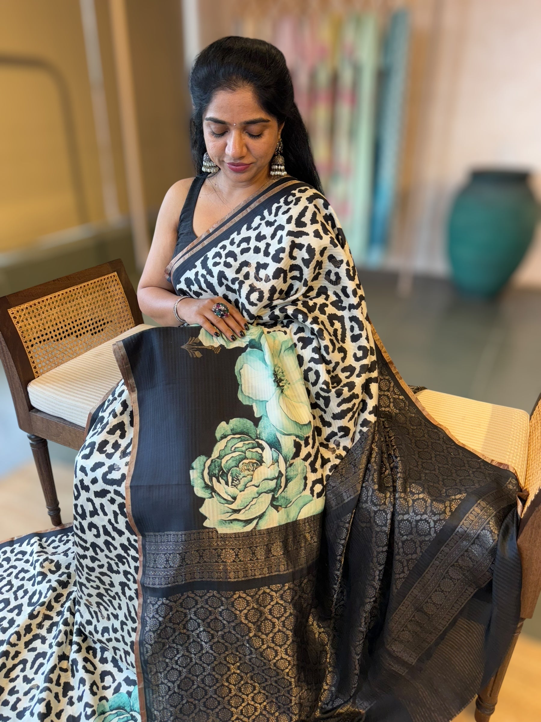 Kanchi Soft Silk Saree with Leopard and Statement 3D Rose Print