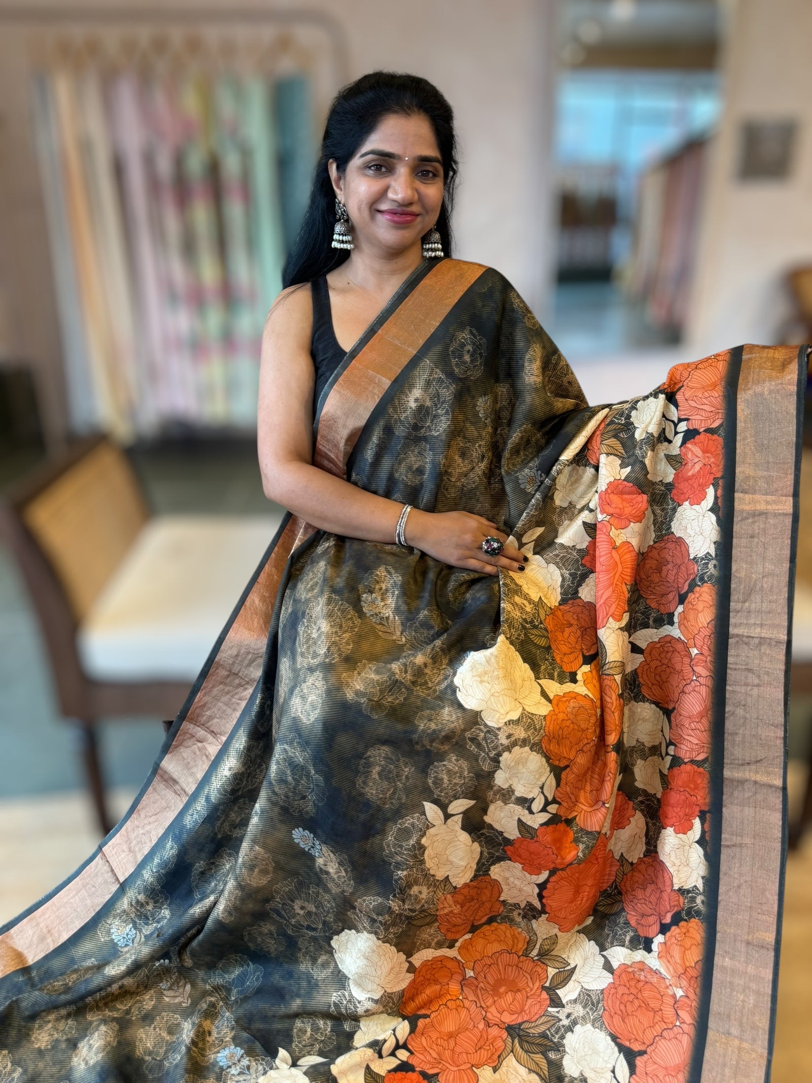 Kanchi Soft Silk Zari Checks Saree With 3D Statement Roses Print Allover