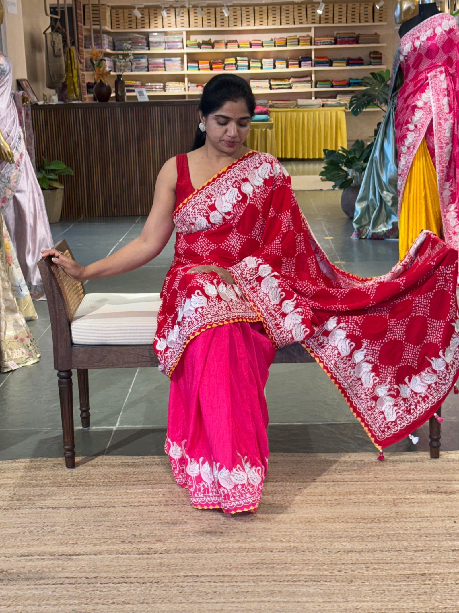 Pure Gajji Silk Rai Bandhej Saree in half and half style with Swan embroidery