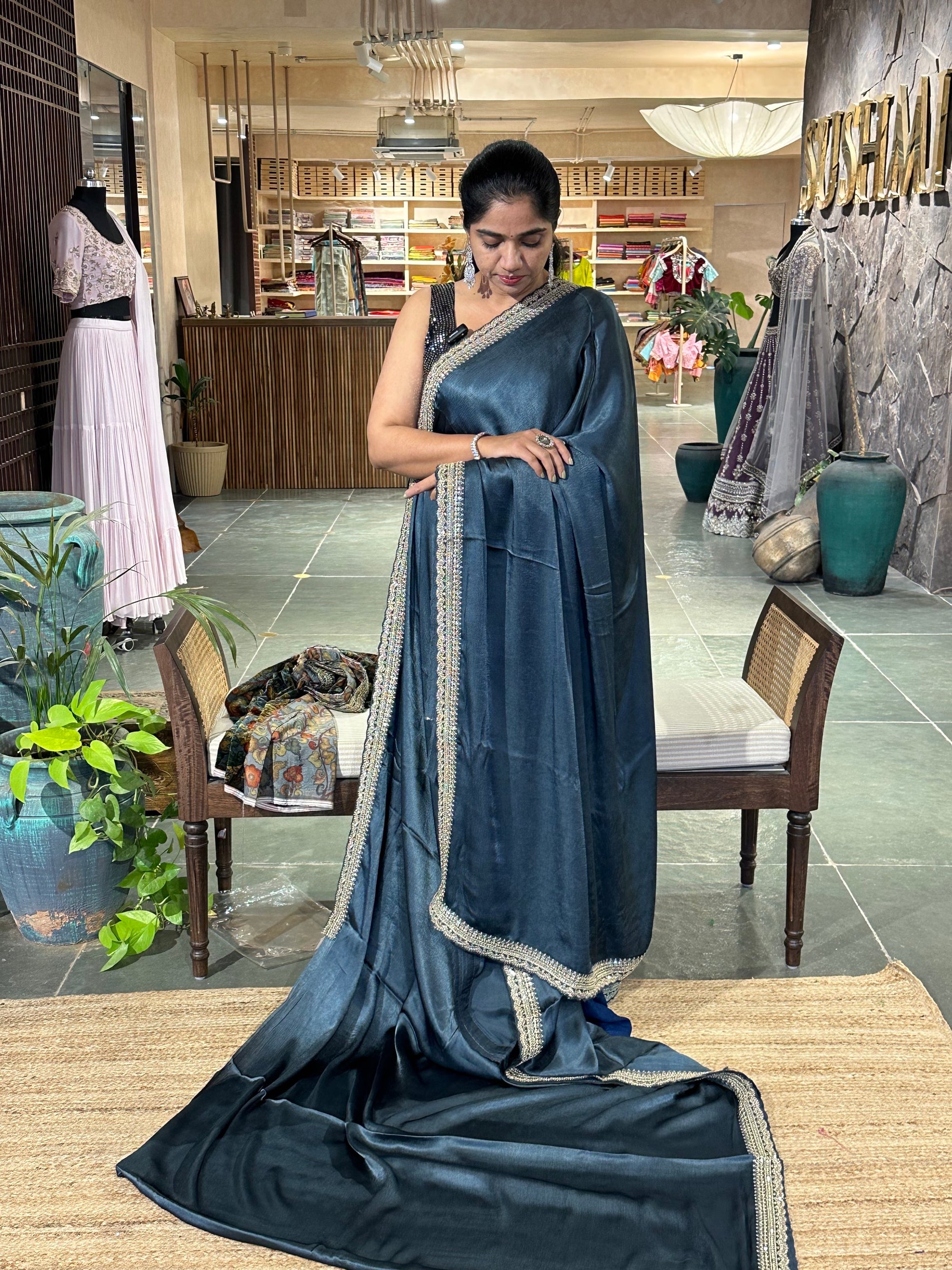 Pure Satin Silk Saree with sabyasachi borders paired with velvet Printed Blouse