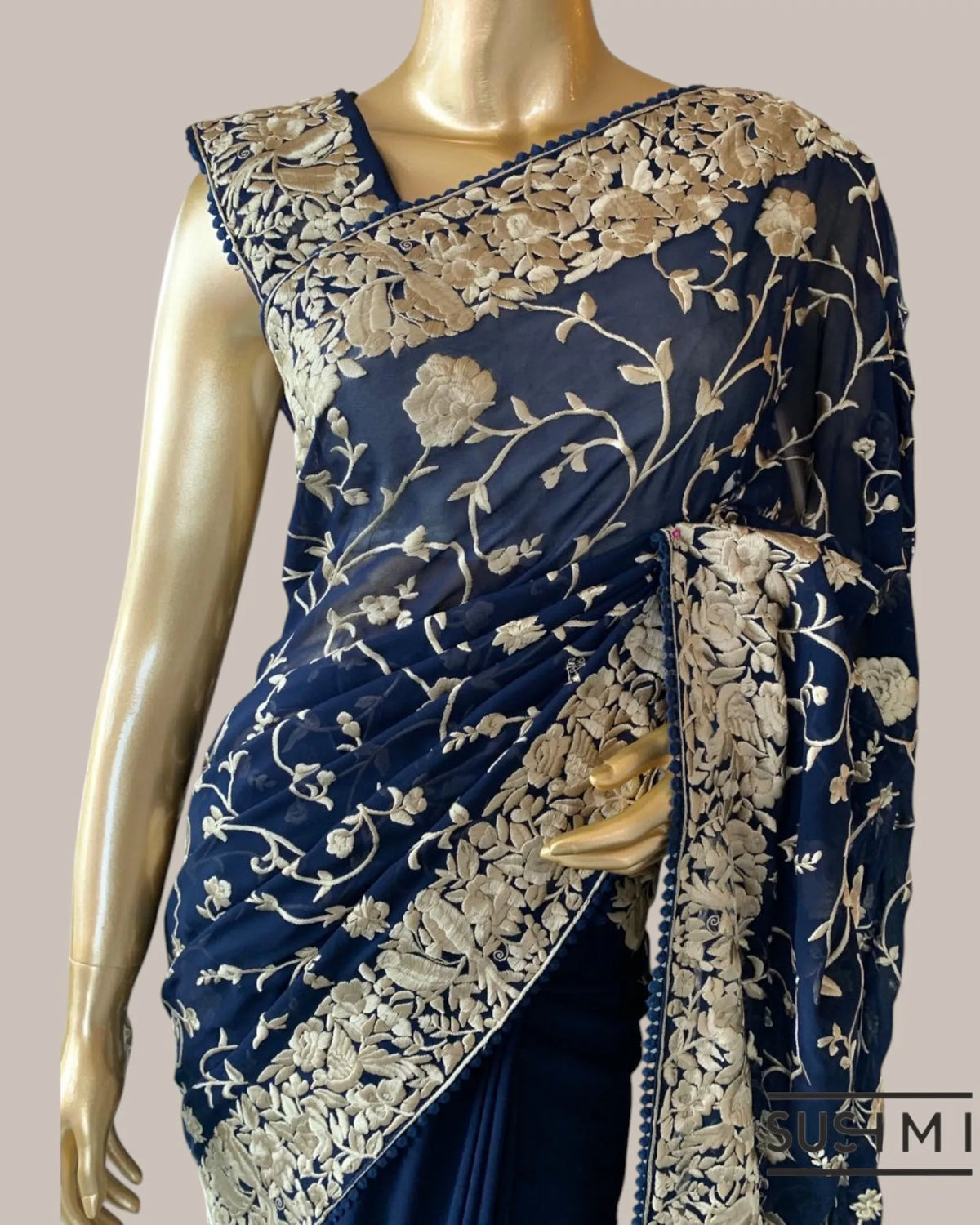 Midnight Blue Pure Gorgette Saree With Parsi Gara Style Allover Embroidery   Ori