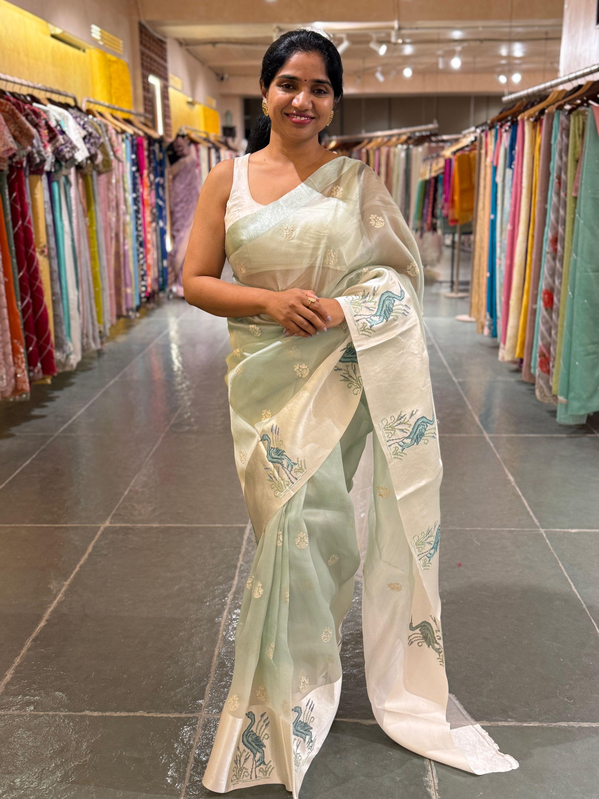 Mint Pure Organza Silk Saree with Petite Point Embriodered Swans Mashru Borders