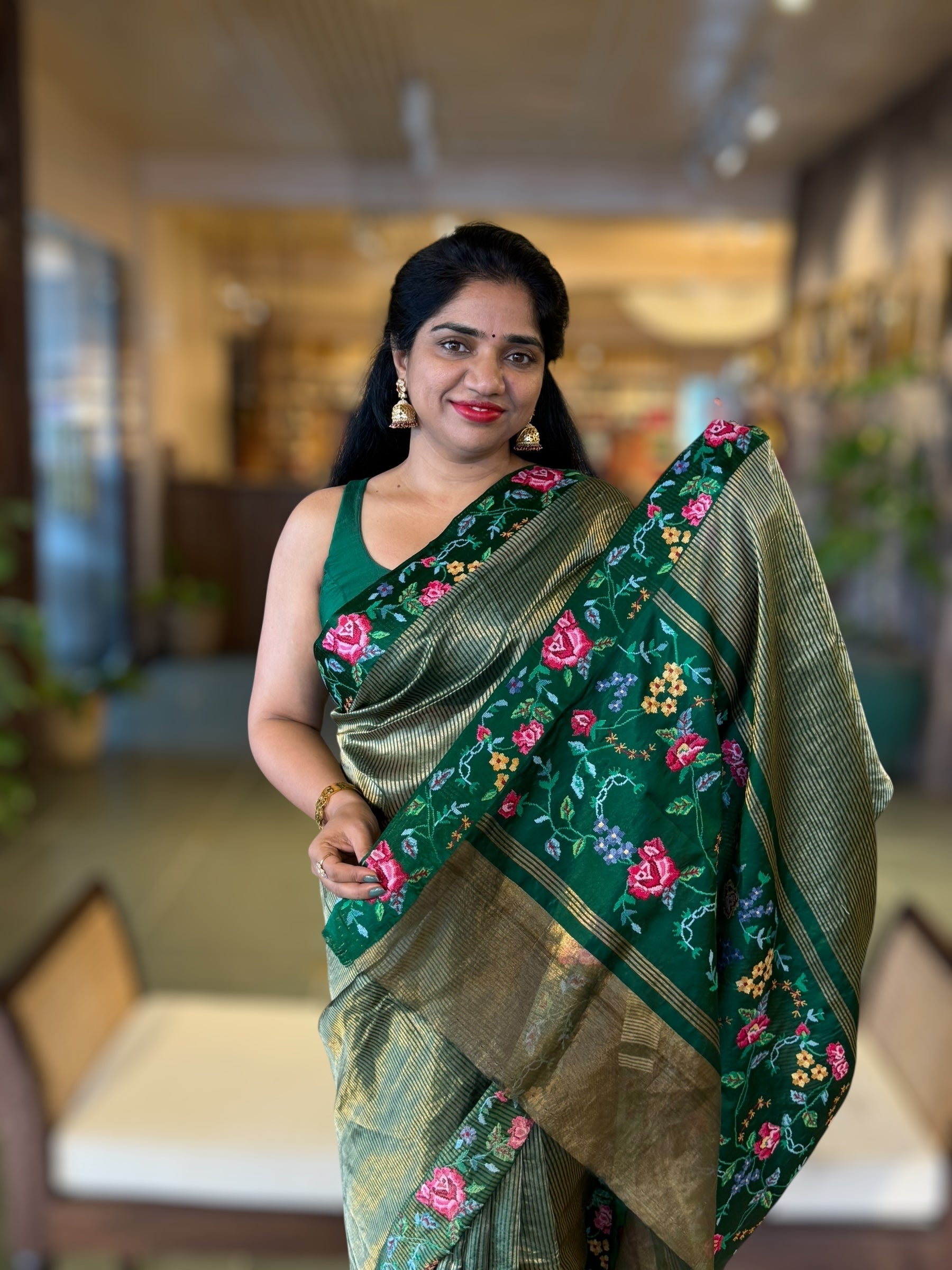 BottleGreen Tissue Stripes Saree wth Petite Point Embroidered Border Pallu & BP