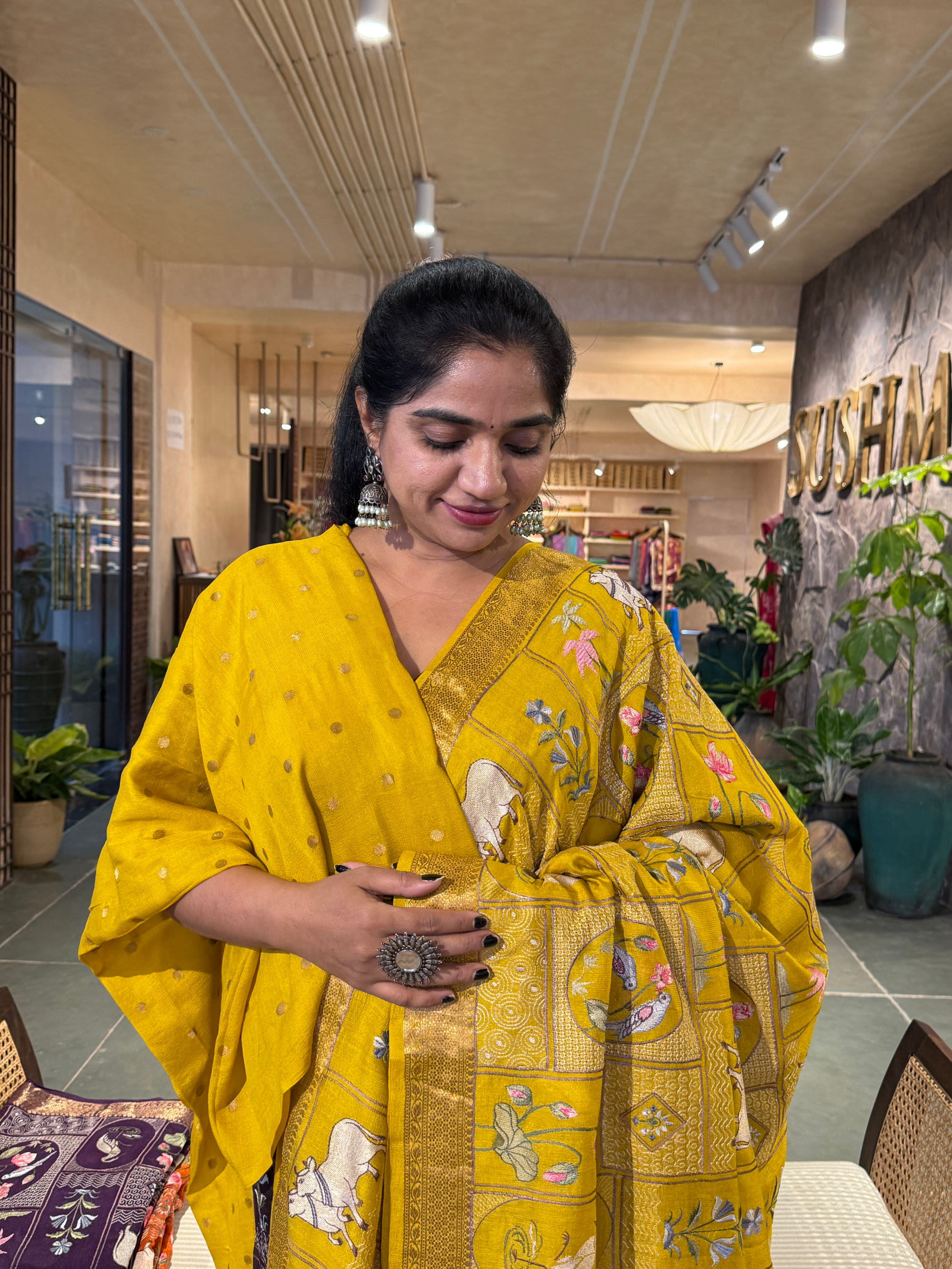 SMSEA110 Mango Yellow Pure Handloom Munga Silk Saree with Pichwai Embroidery