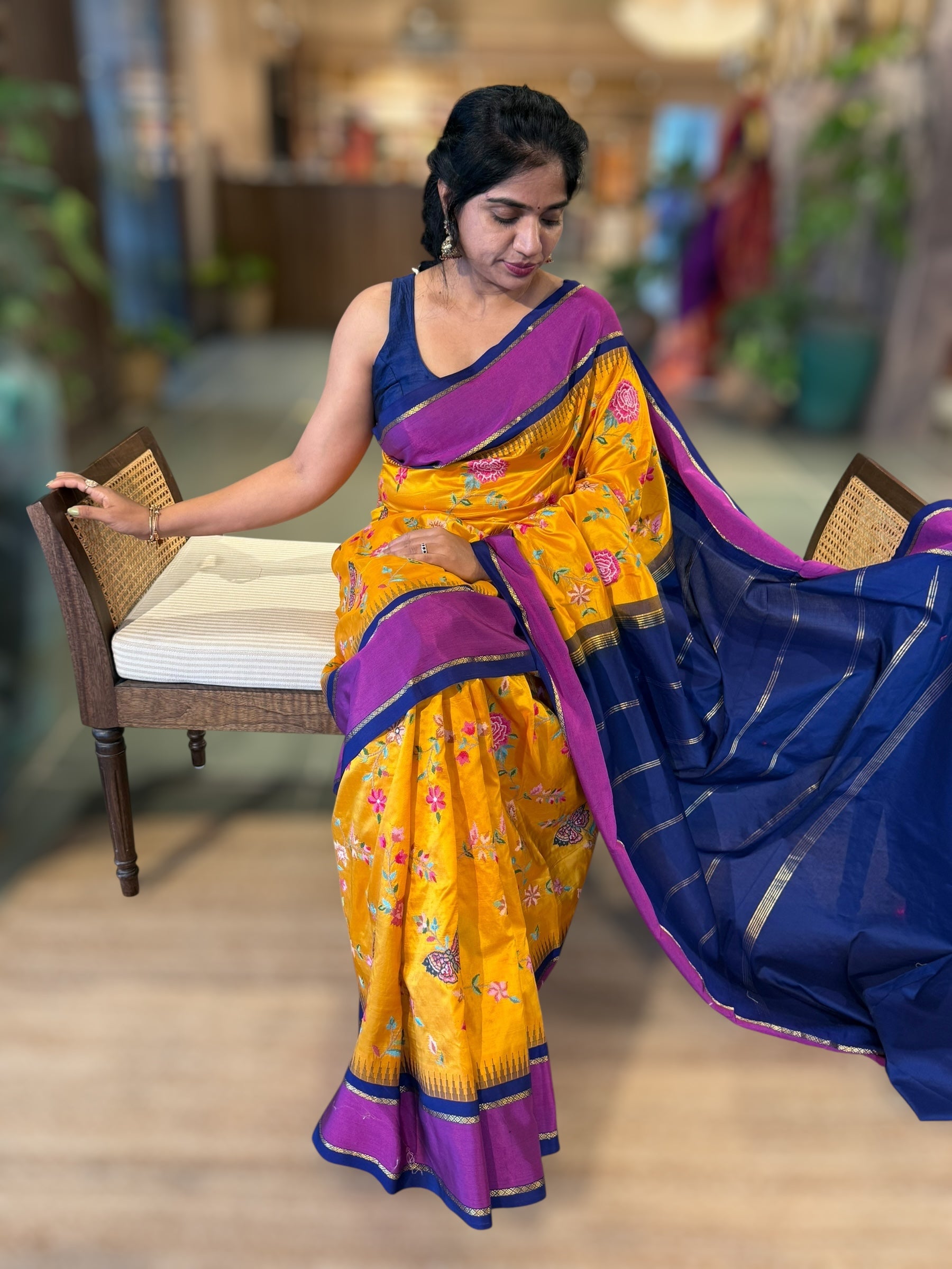 Kanchi Gap Border Saree With Allover Petite Point Embroidery