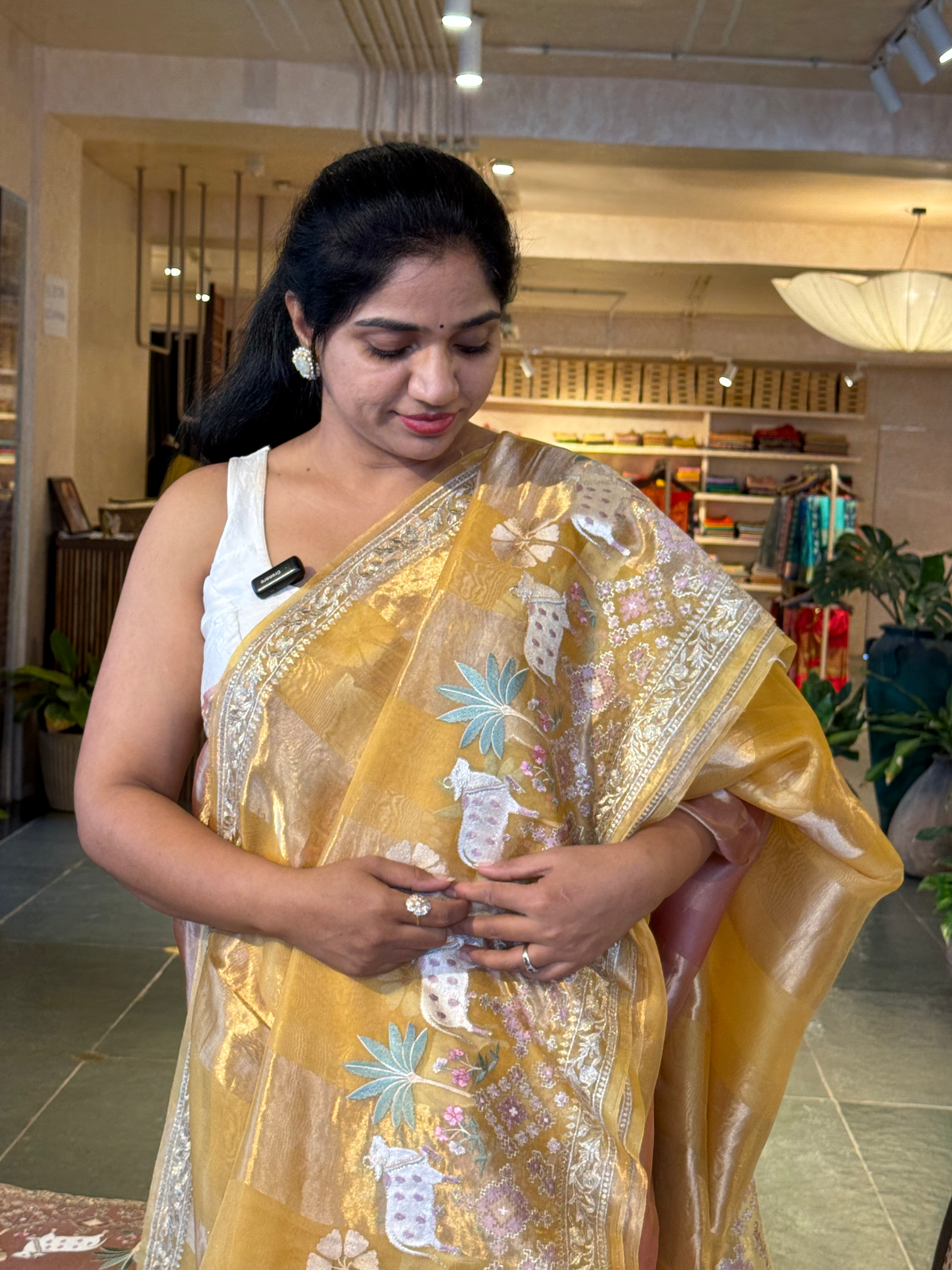 Mustard Kora Tissue Stripes with Pichwai & Jamdani Inspired Embroidery