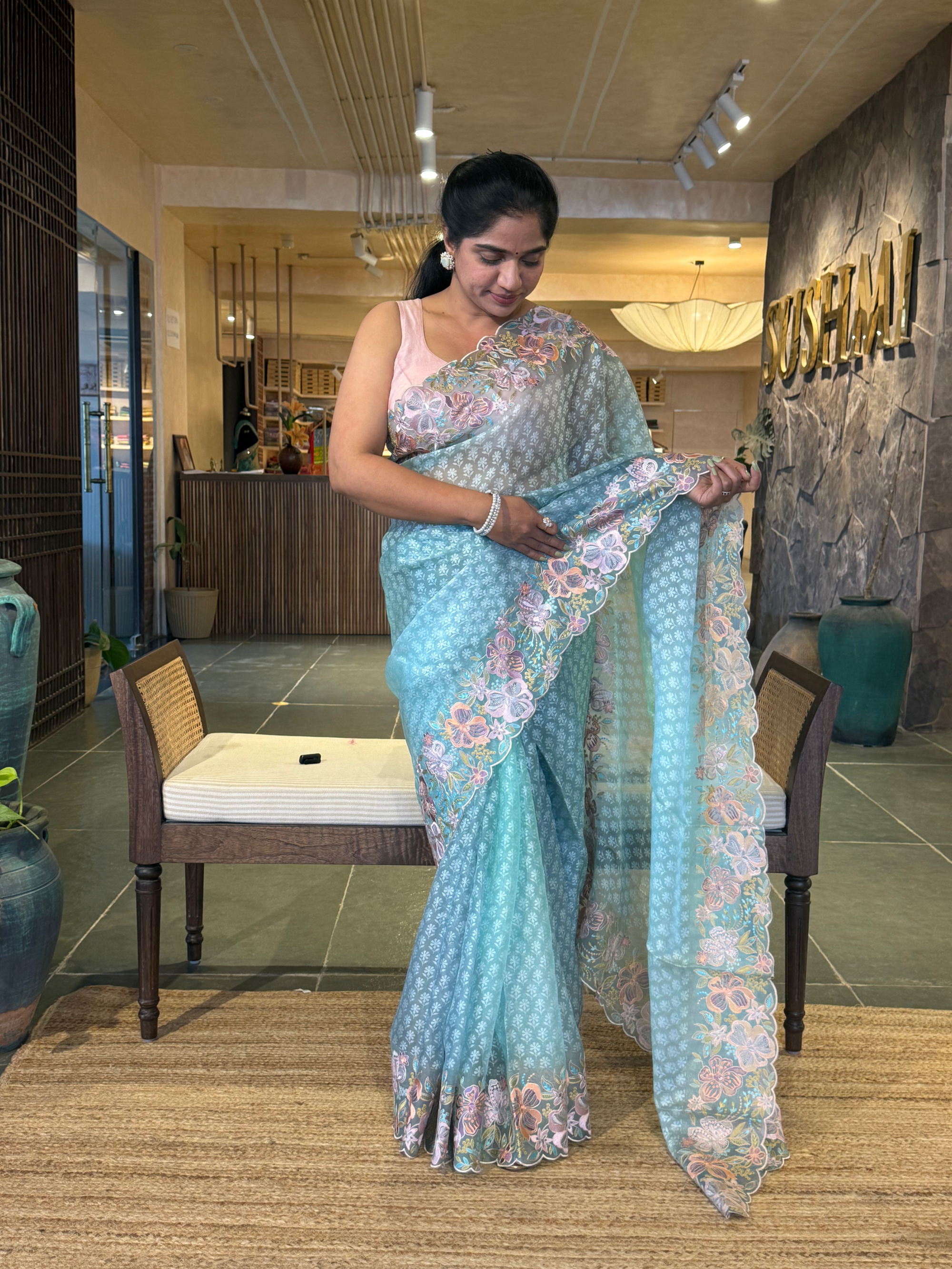 Blue Pure Organza Brasso Saree with Stunning Embroidered Border and Blouse