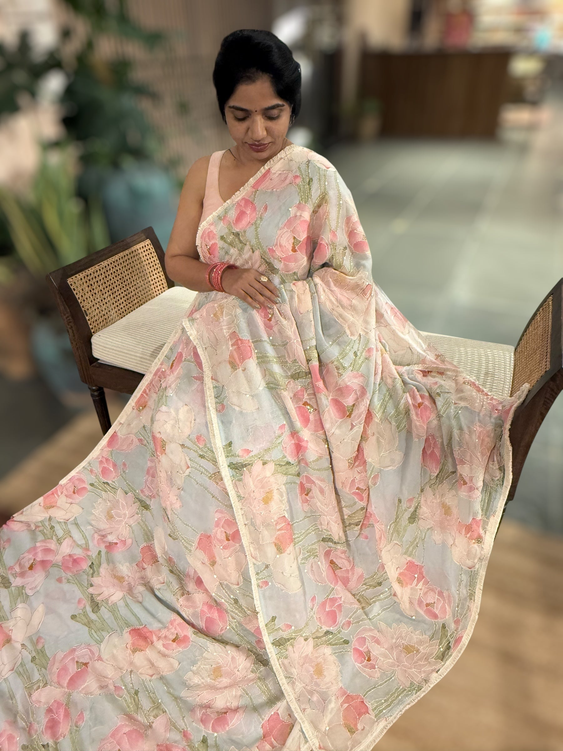 Pastel Blue Pure Gorgette Printed Saree With Allover Hand Done Katha work
