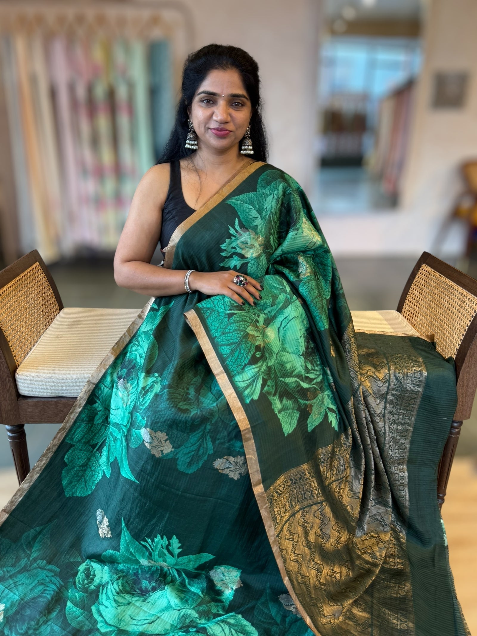 Forest Green Kanchi Soft Silk Saree With Statement 3D Rose Print allover