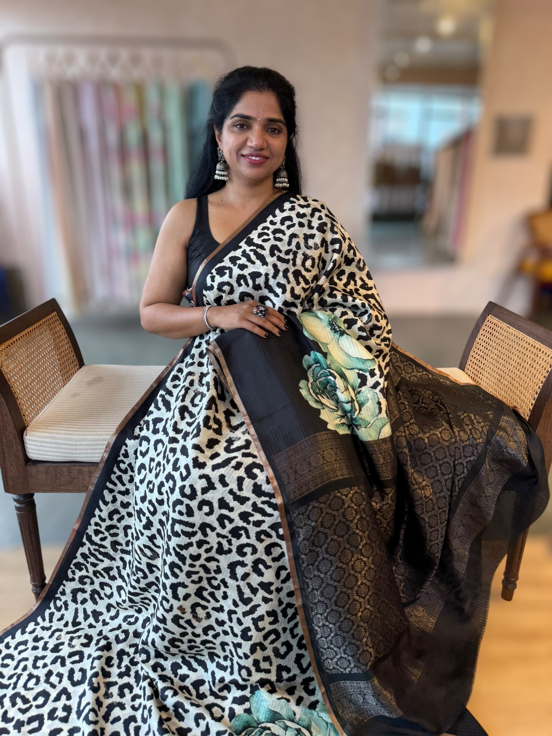 Kanchi Soft Silk Saree with Leopard and Statement 3D Rose Print