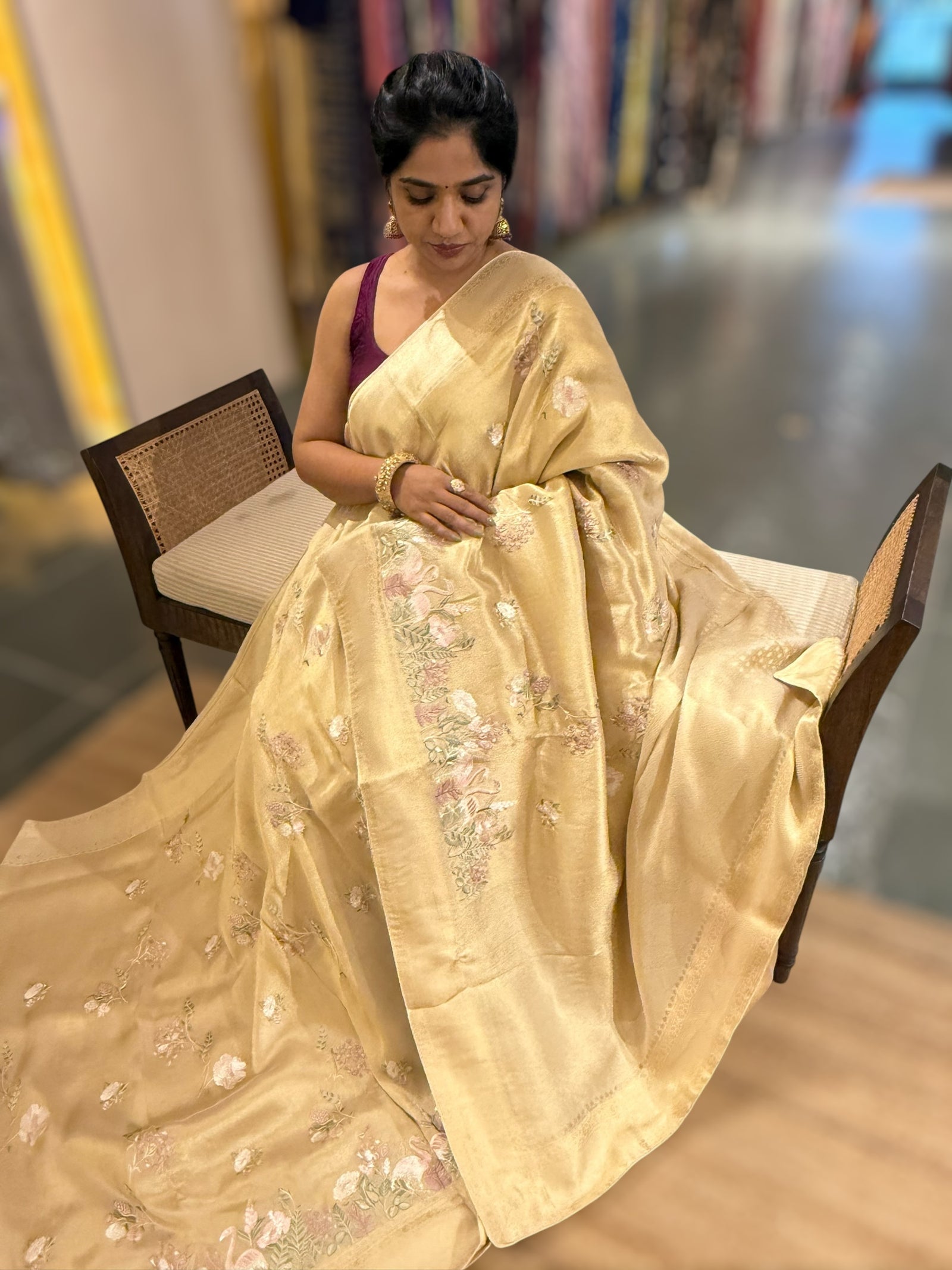Banarasi Gold Tissue Brocode Saree with AlloverEmbroidered Border