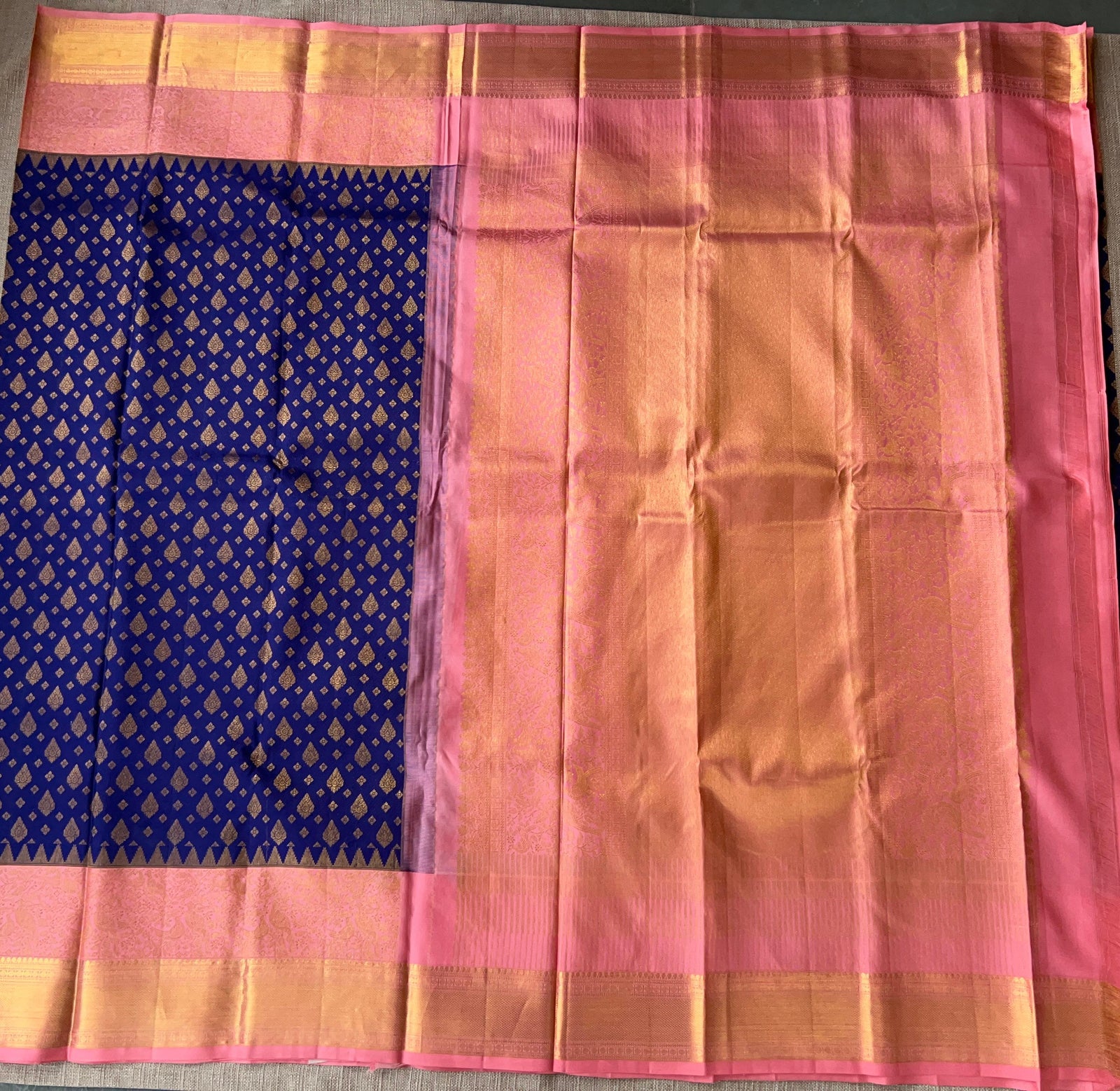 Purplish  Blue & Peach Pink Pure Kanchi Pattu Saree