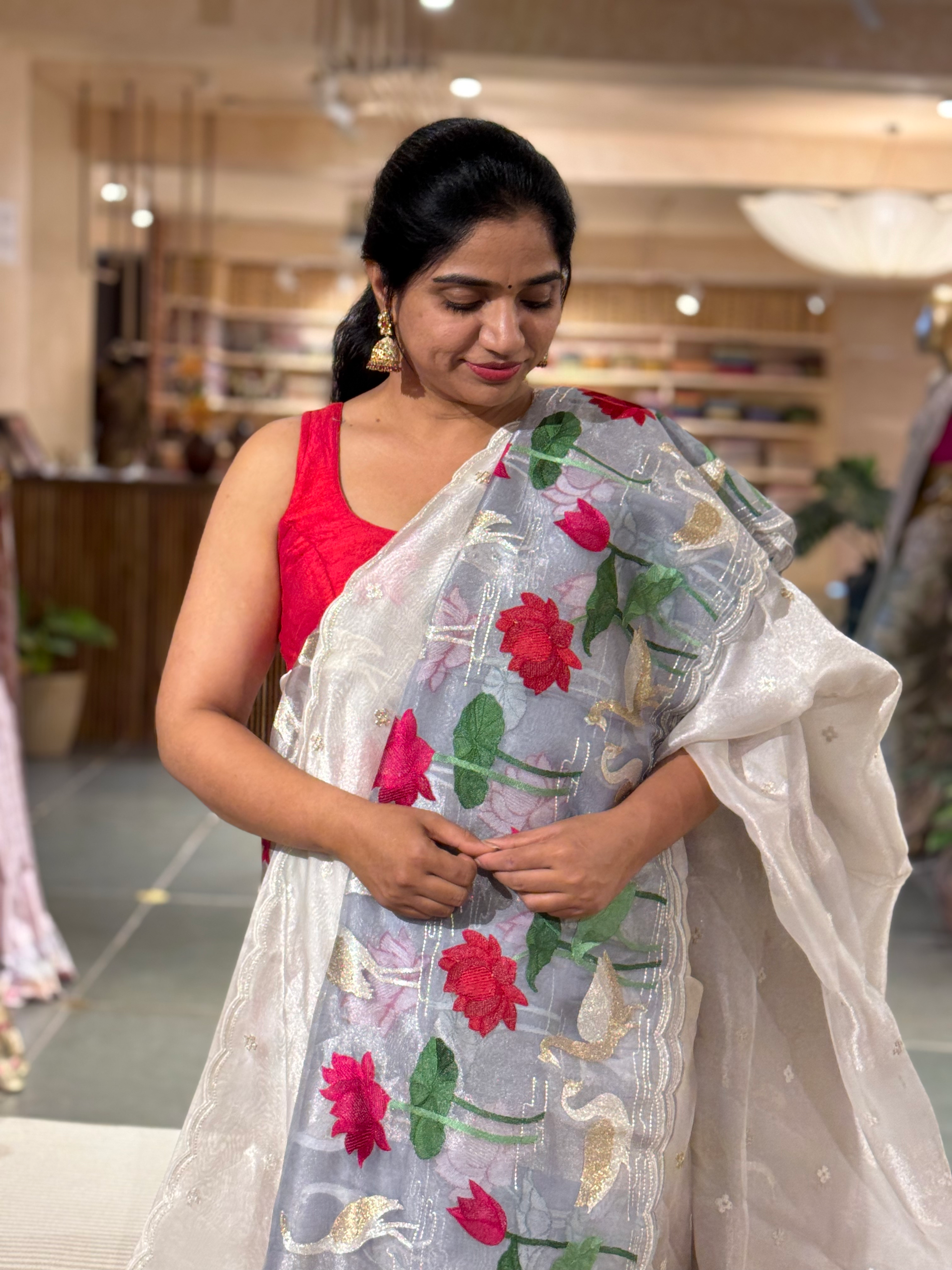 Ombre Dyed Handloom Kora Tissue Stripes Pichwai Pond themed Embroidered  Saree