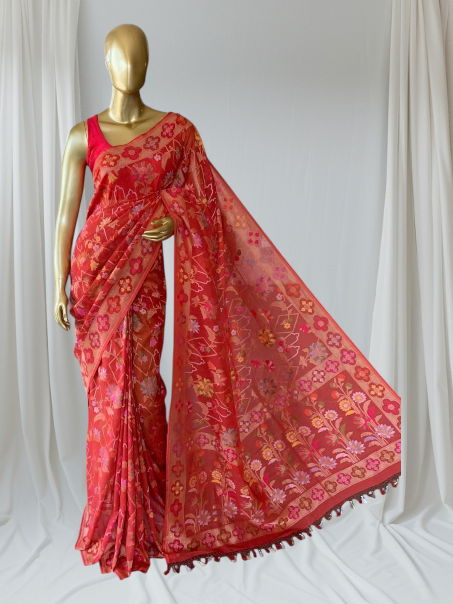 Carrot Color Banarasi Handloom Cotton  Cut Jamdani Saree With Allover Meenakari
