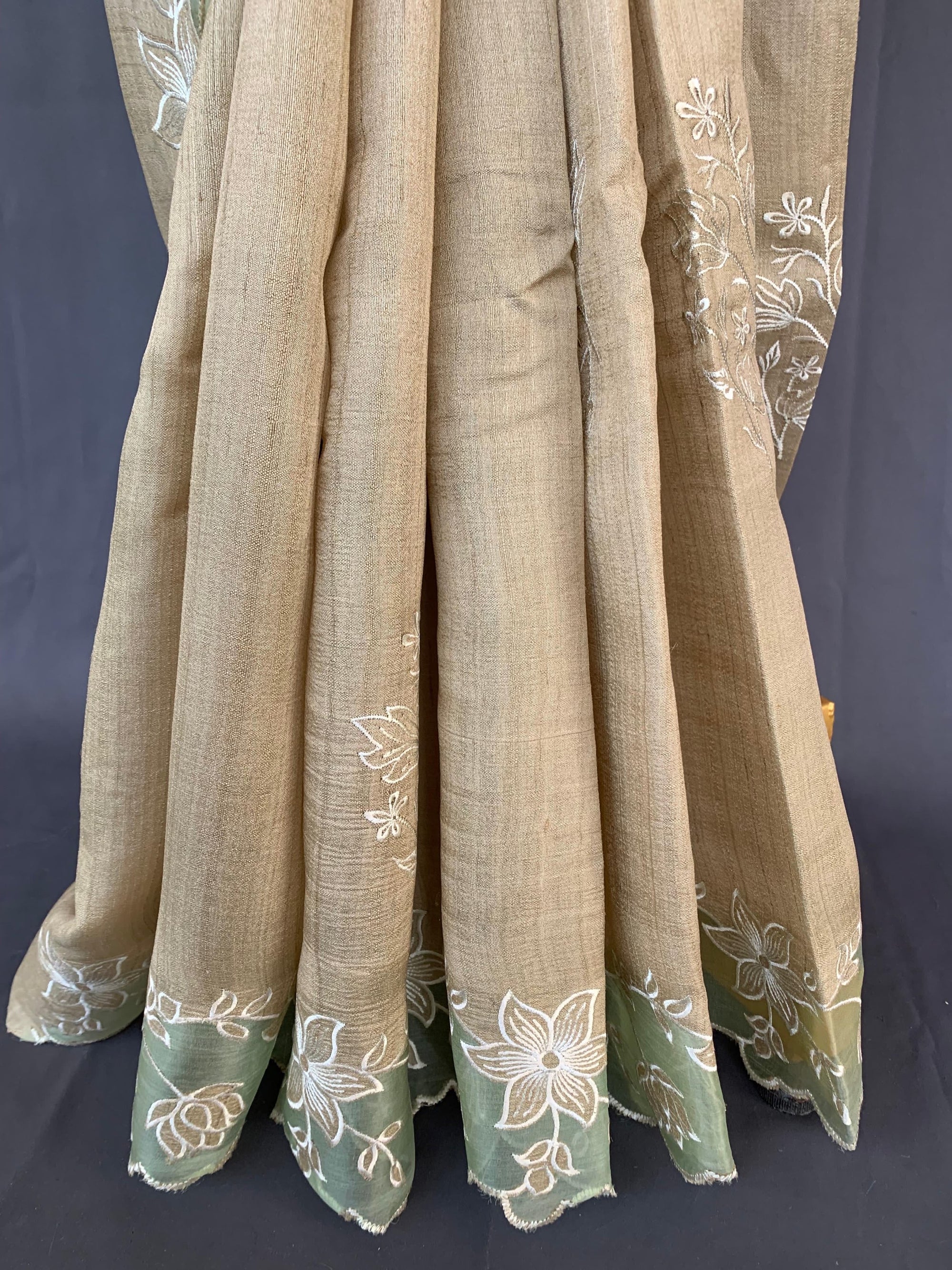 Pure handloom Tussar Designer Saree with Organza Applique Cutwork Border