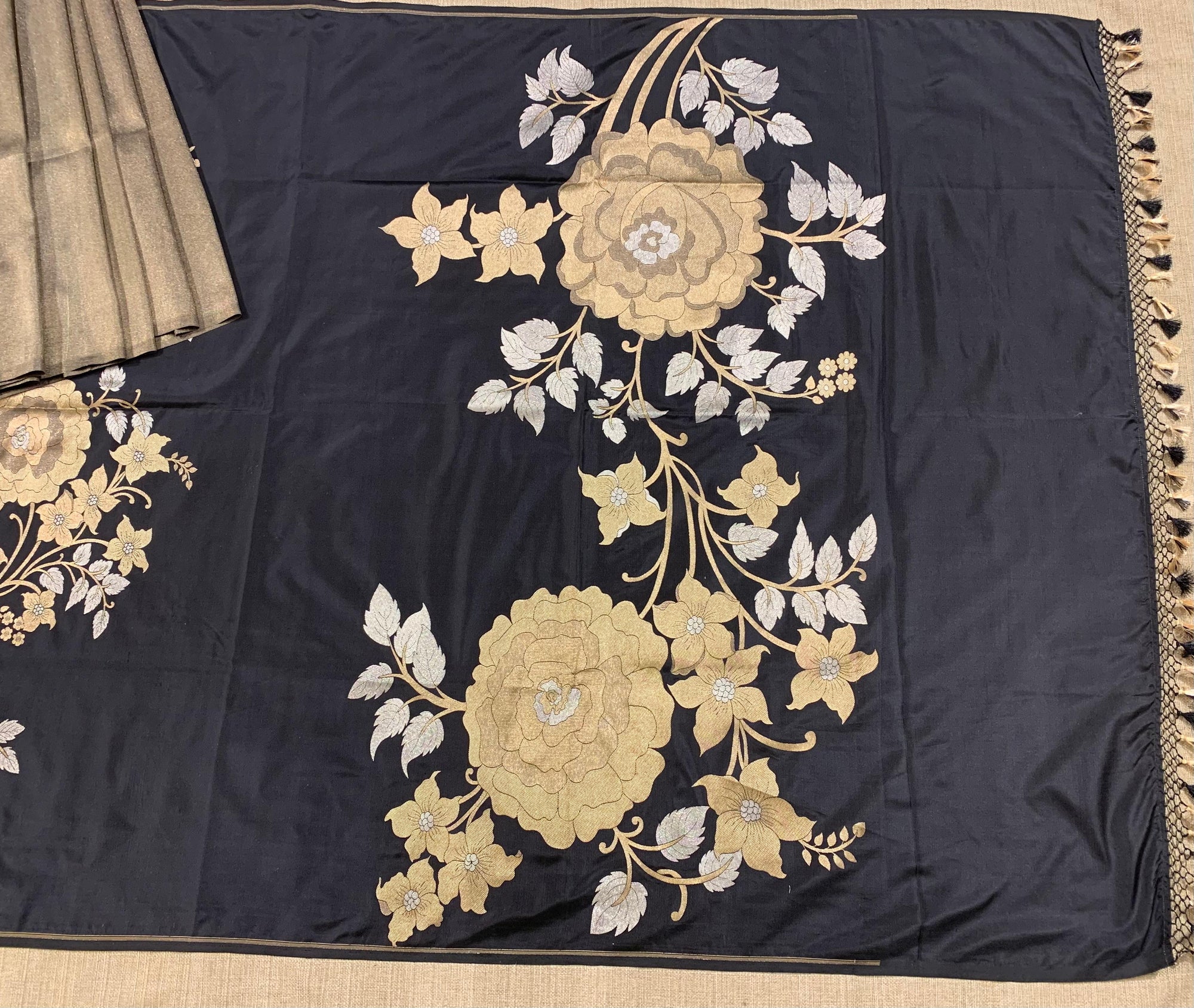 Black and Antique Gold Designer Banarasi Silk Saree