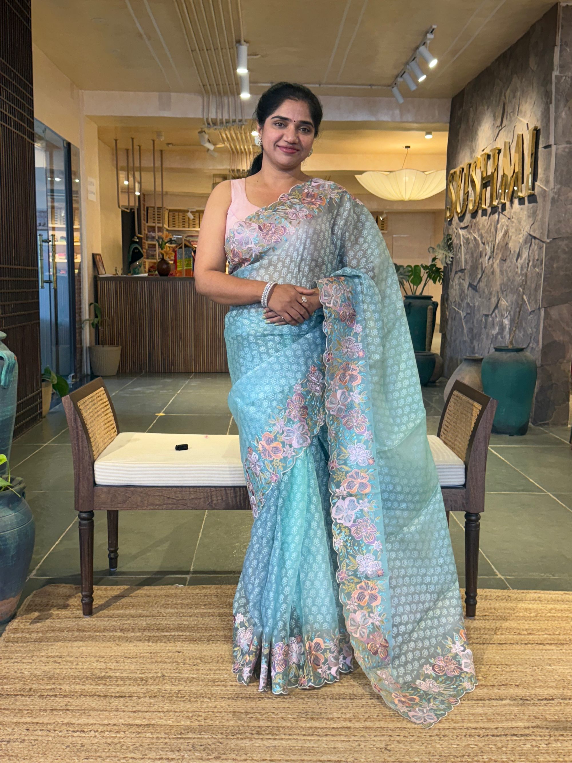 Blue Pure Organza Brasso Saree with Stunning Embroidered Border and Blouse