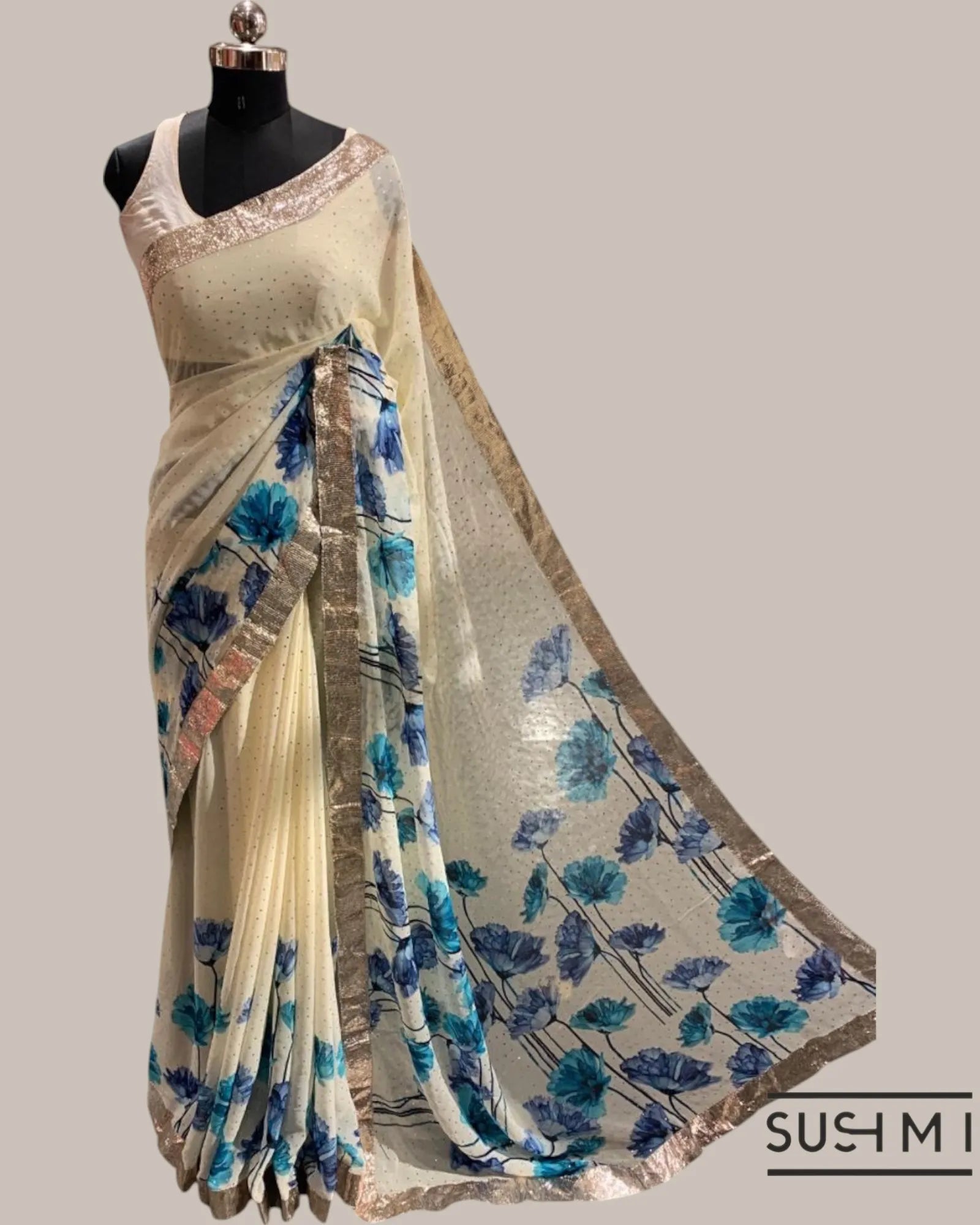 Pure Gorgette Saree with floral printed border and pallu hemlined with gota lace