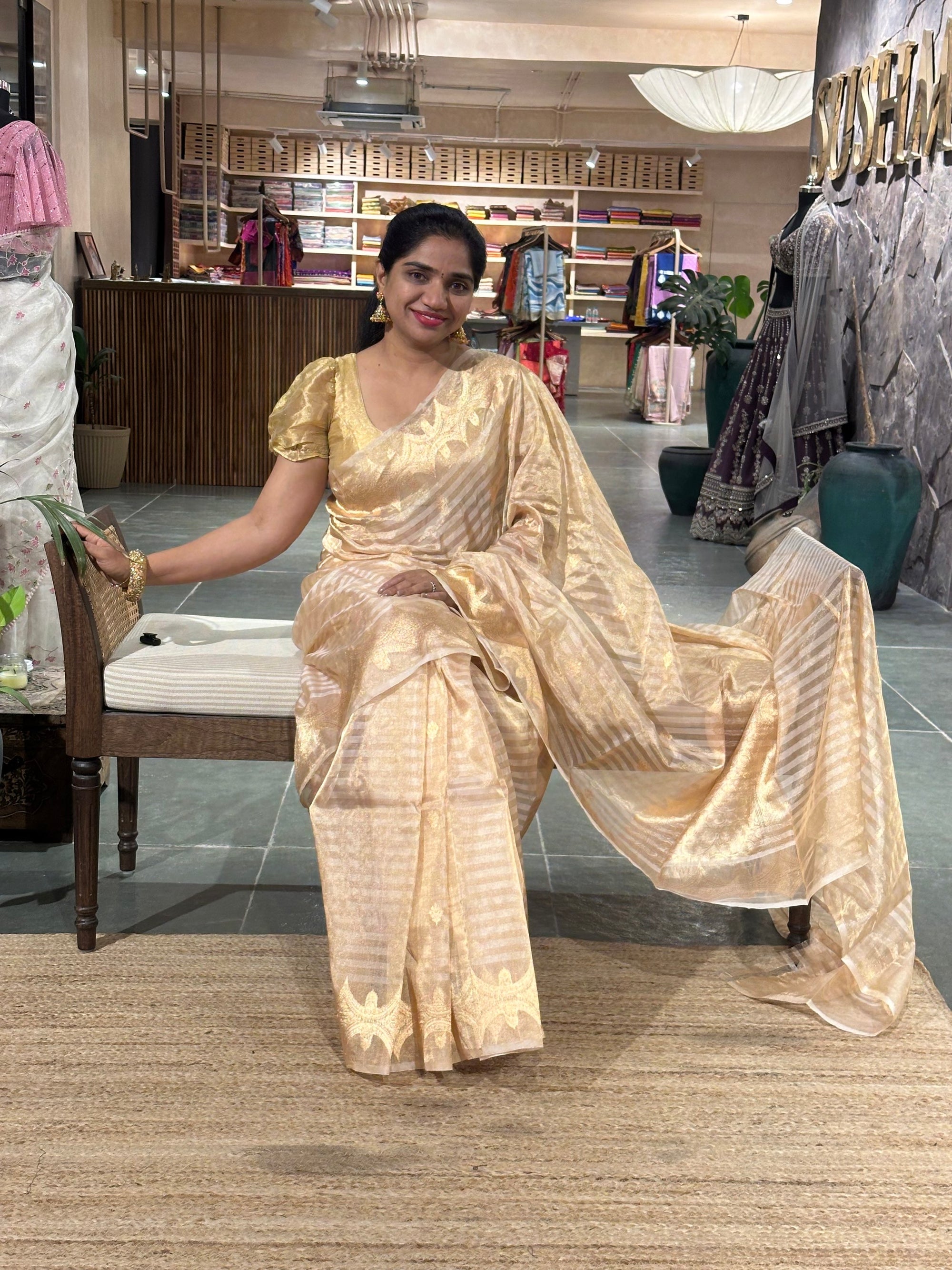 Beige Gild Banarasi Tissue Saree with Kaduwa woven motifs