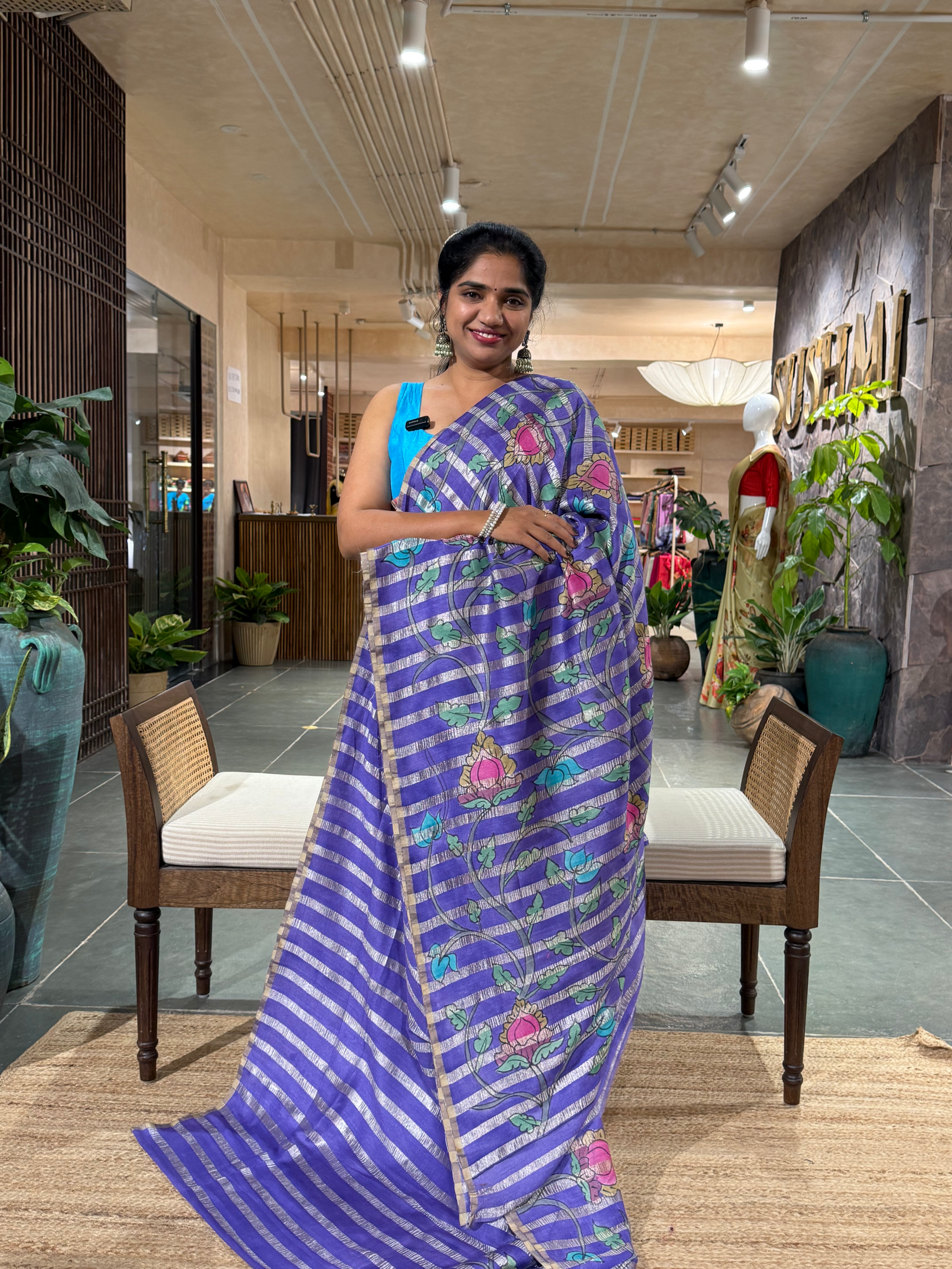 SMTKM172 Pure Handloom Munga Silk Wth Tissue Stripes & Penkalamkari Handpainting