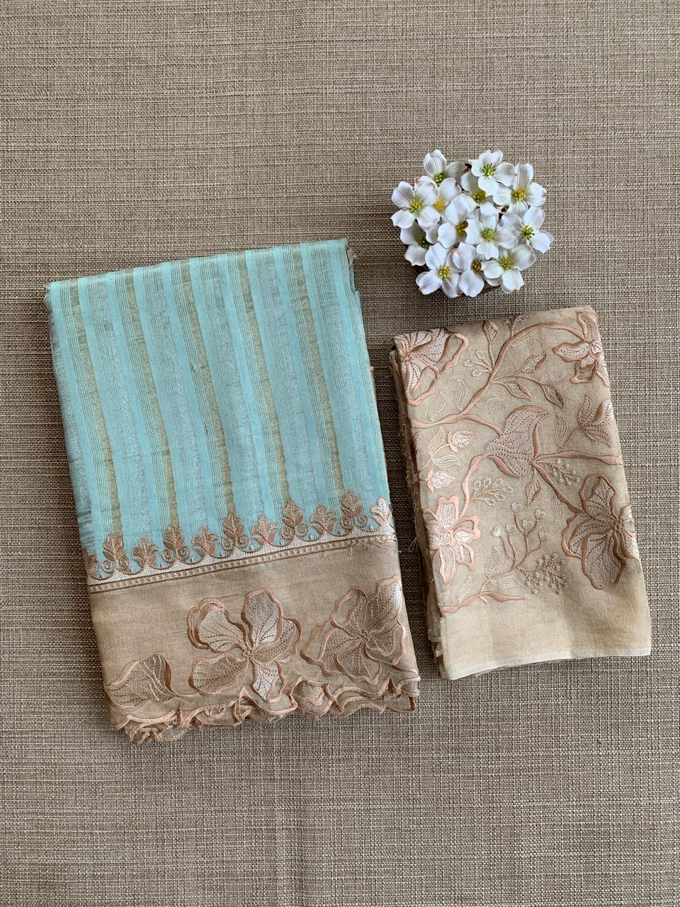 Pastel blue Mul Tissue Stripes Saree With Tissue Cutwork  Border & Blouse