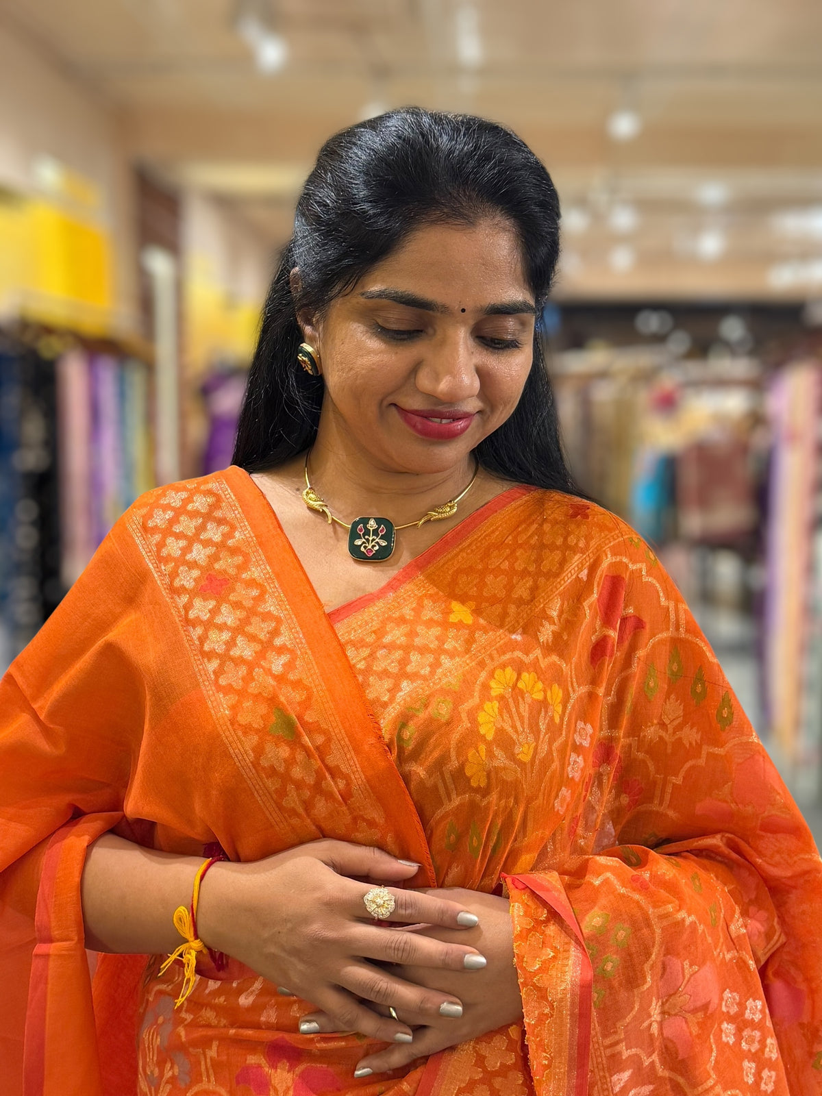 Orange Banarasi Cotton Jamdani Saree With Meenakari Weaving