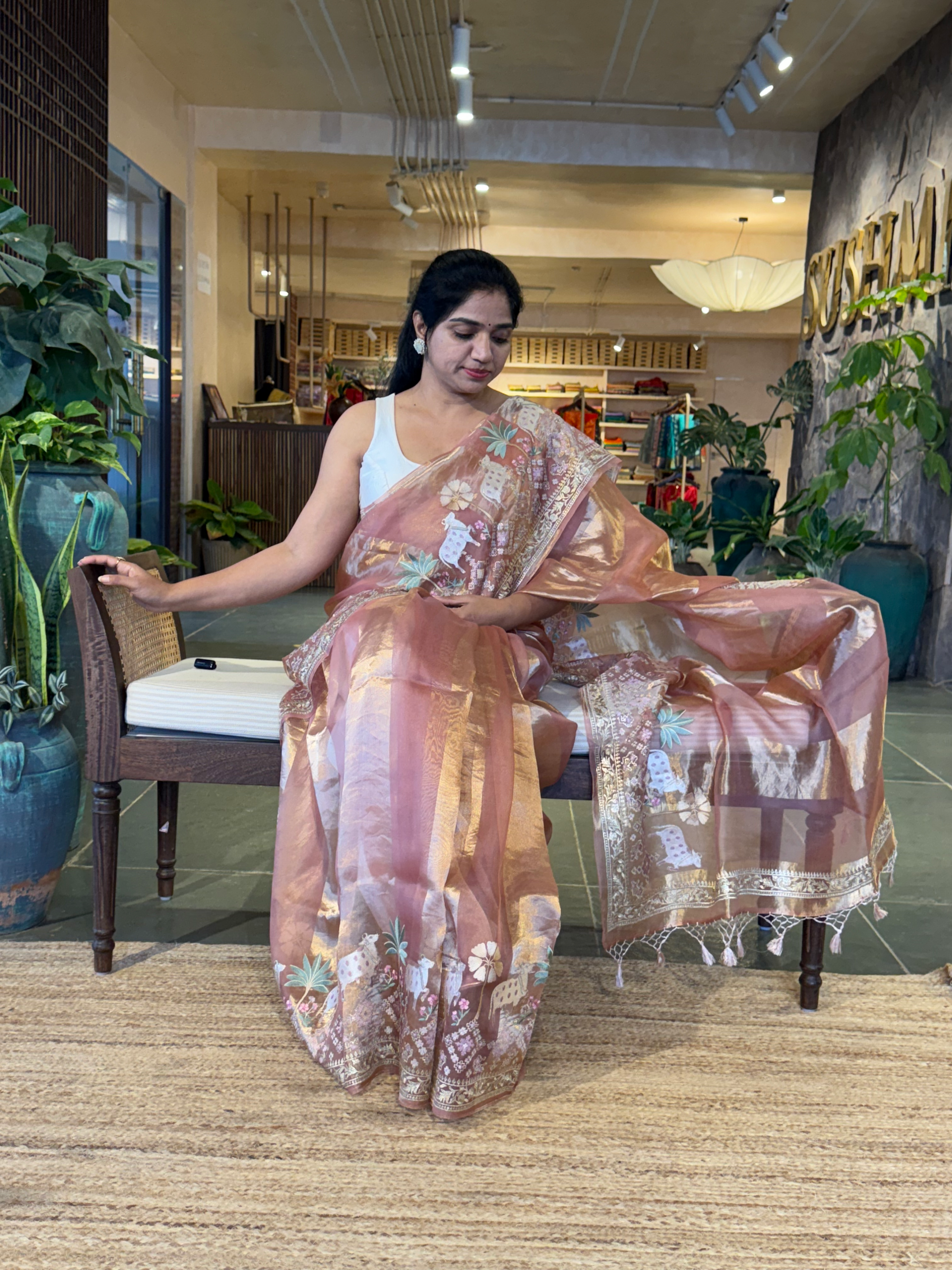 Onion Pink Kora Tissue Stripes with Pichwai & Jamdani Inspired Embroidery