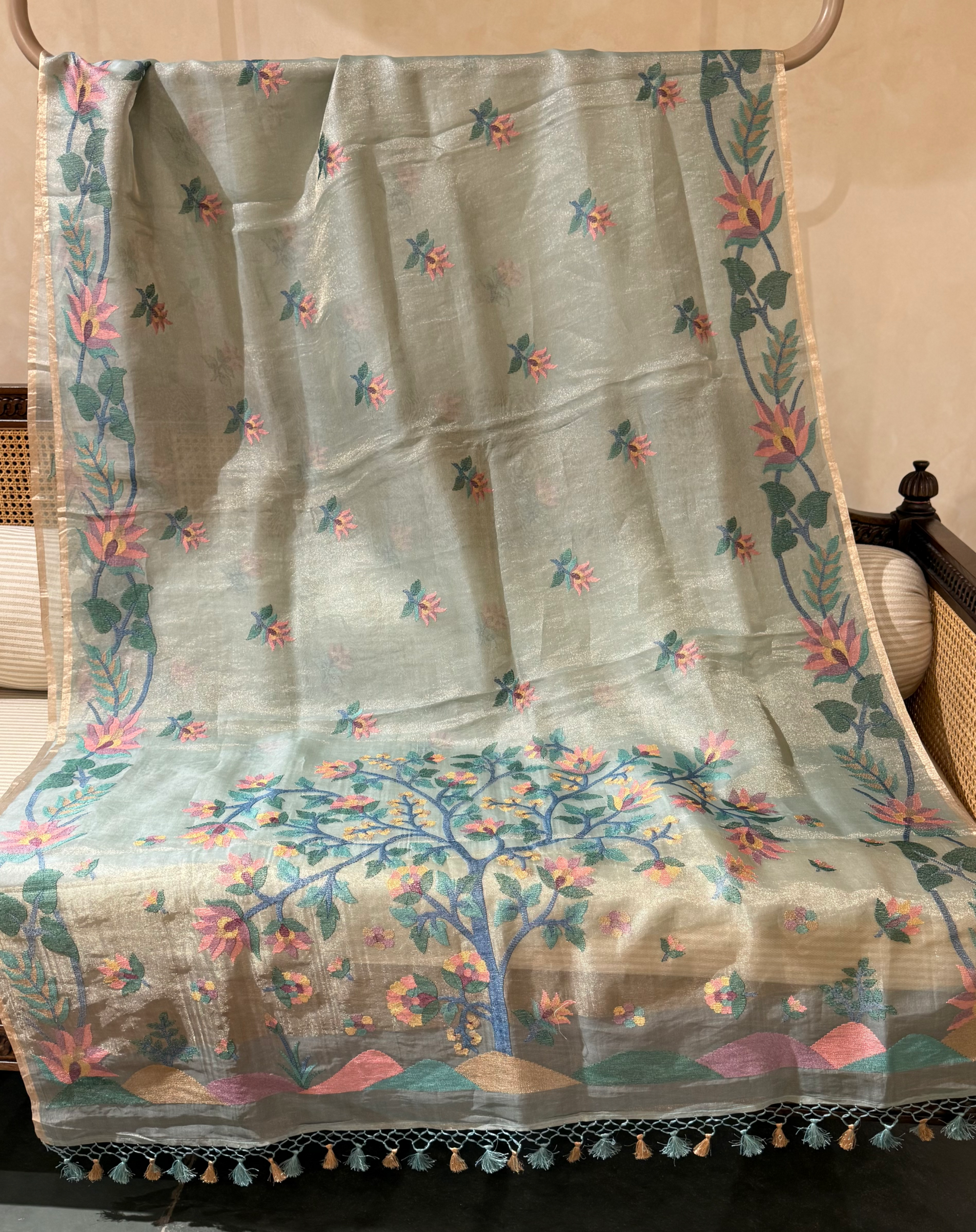 STJA209 :  Light Sea Blue Tissue With Jamdani Look Embroidery