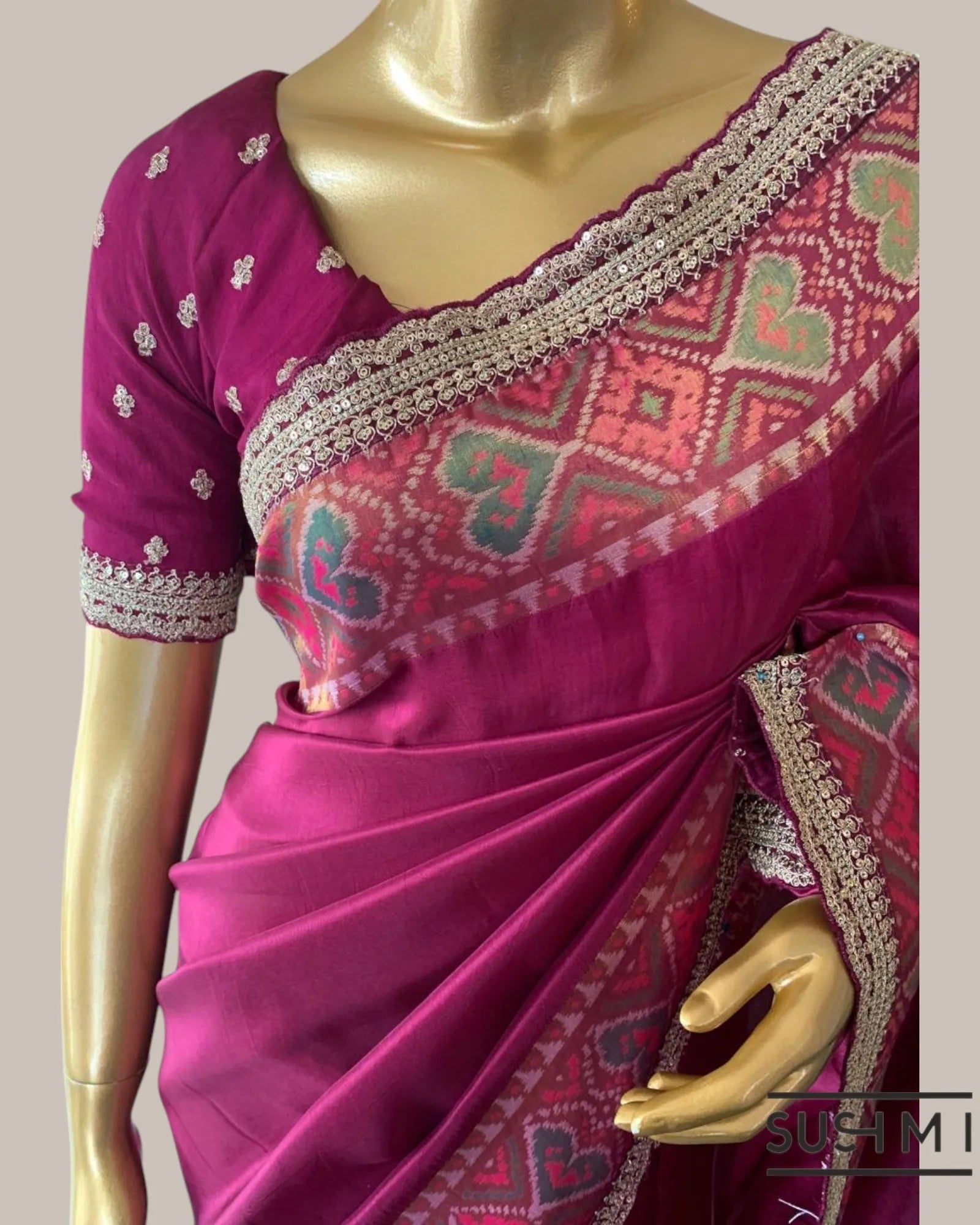Beetroot Pink Tussar Silk Gorgette Saree in Ikkath Patola style Chevron body and