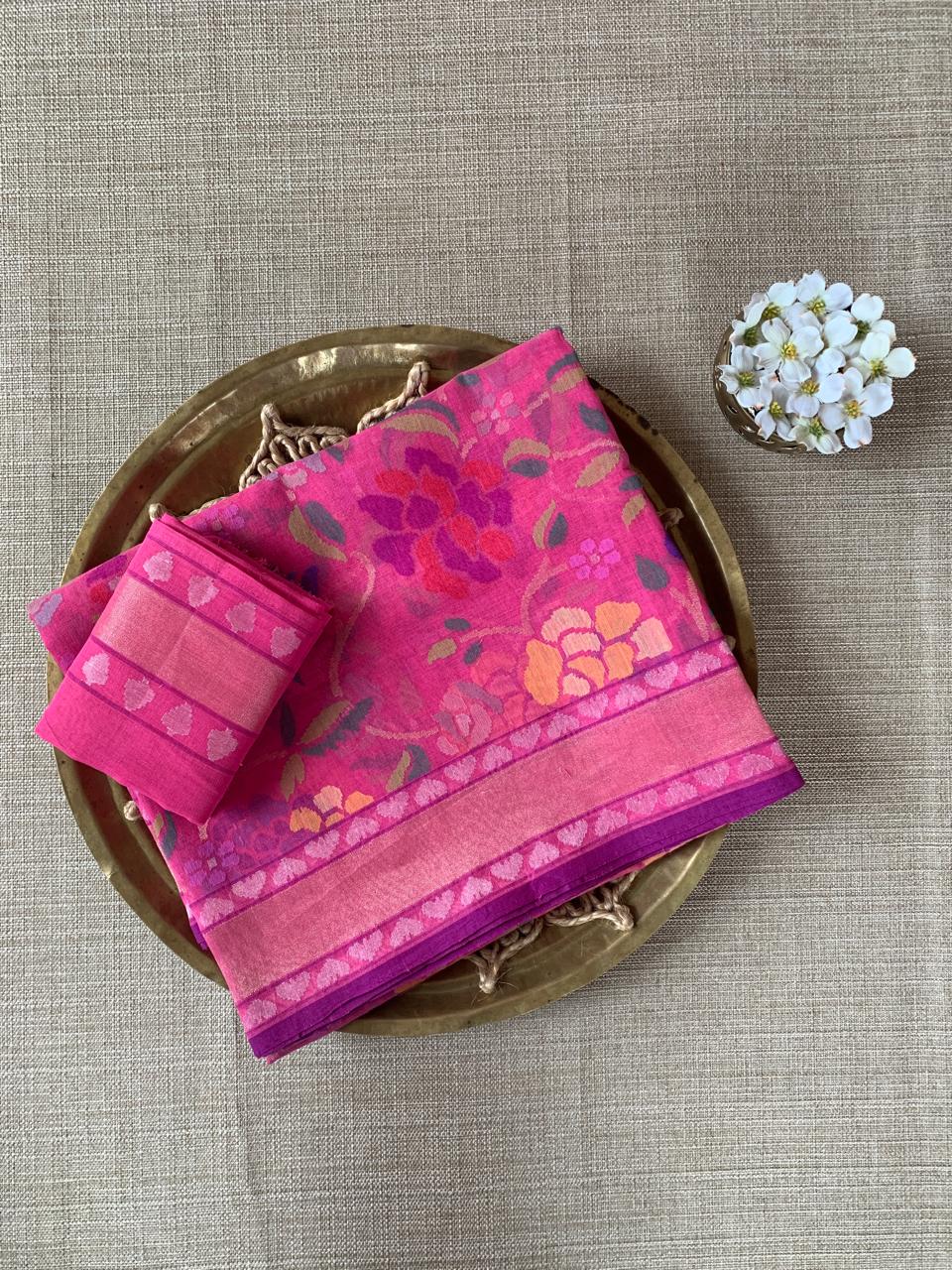 Pink Real Zari Jamdani Saree