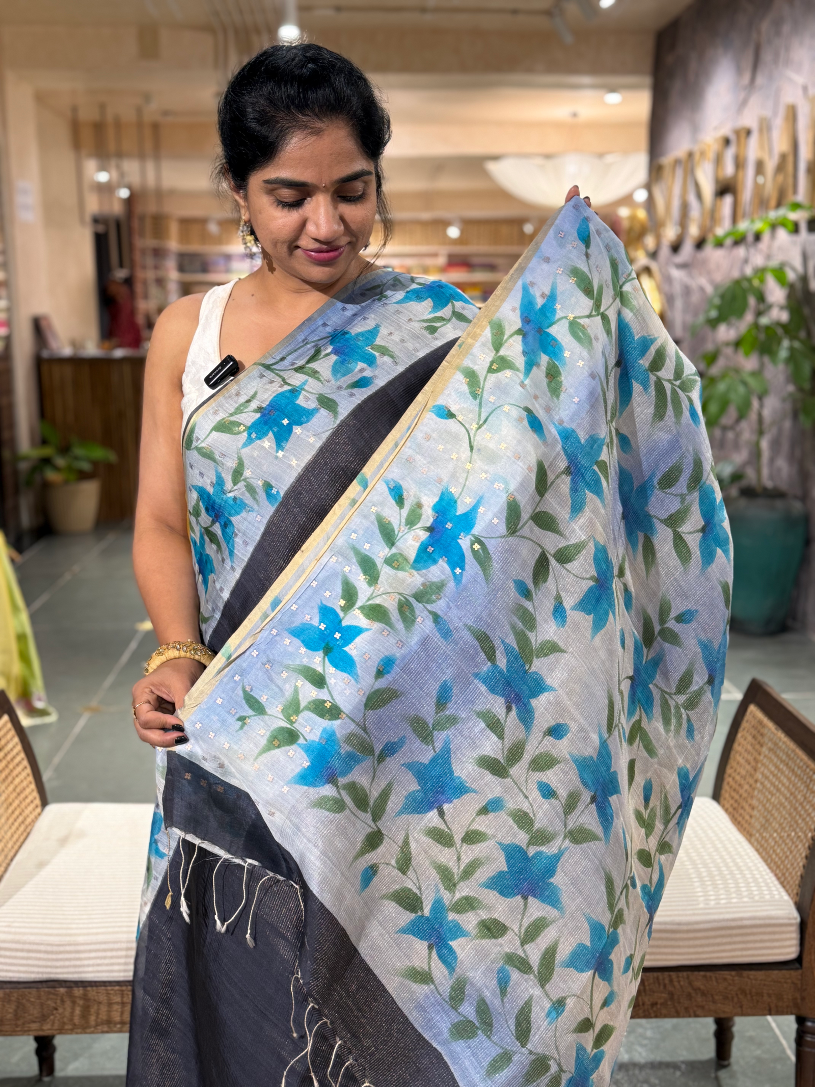 Black Tussar Kota Tissue Saree with Handpainted Muslin Border and Pallu