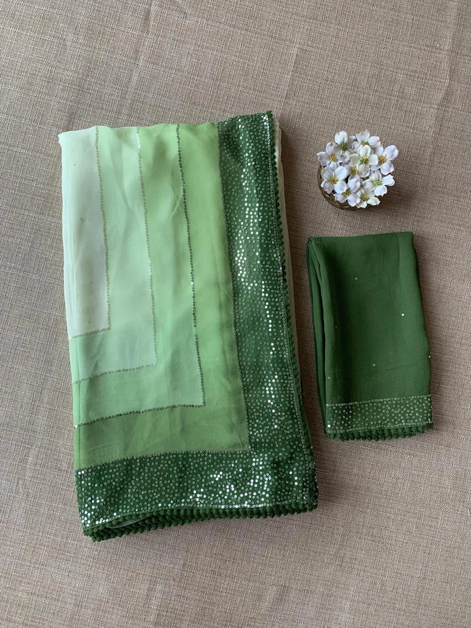 Pure Gorgette Saree With Shaded Sequnce Border