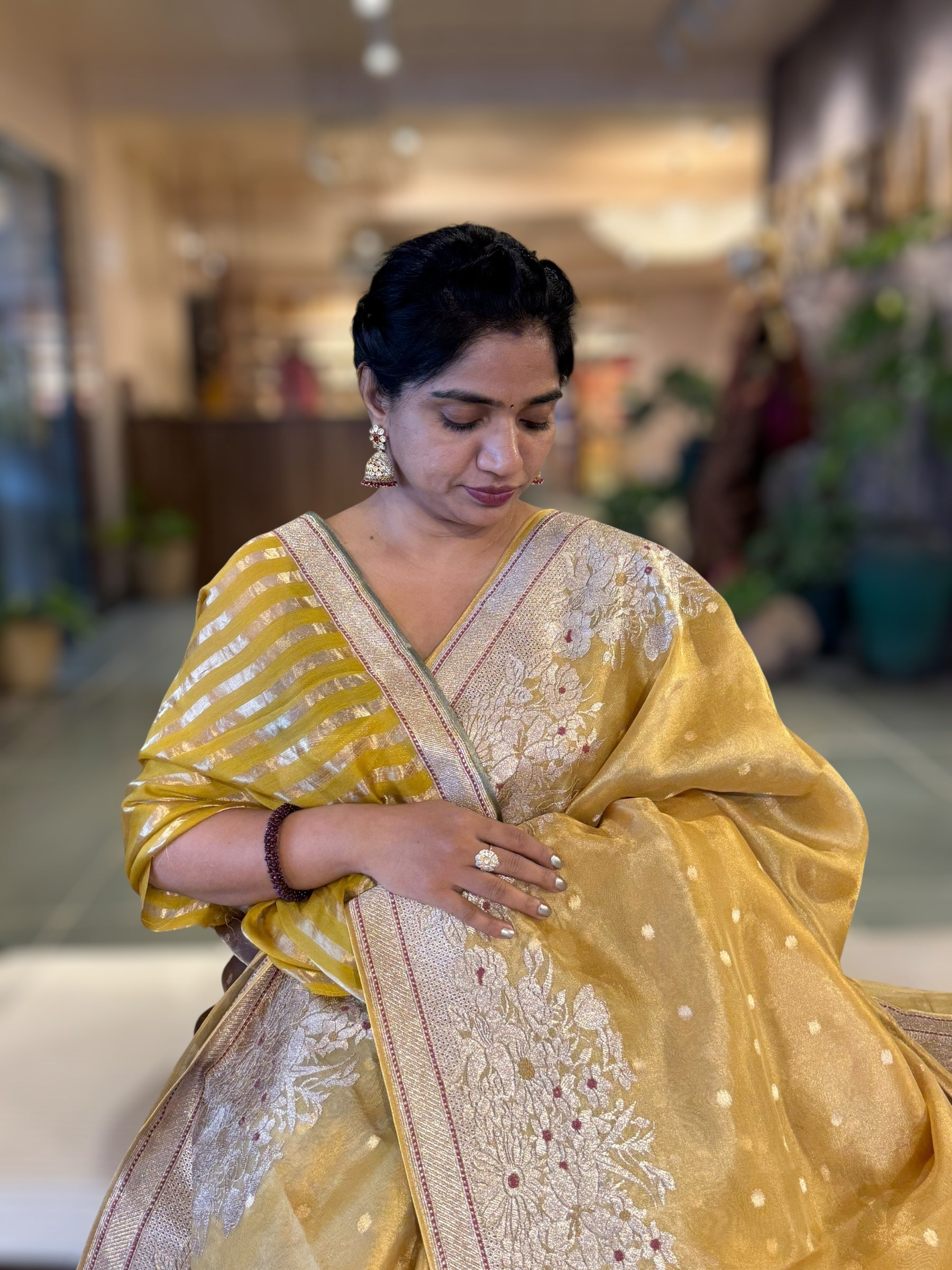 Yellow Banarasi Tissue Saree With Heavy Tissue Embriodered Border & Stripes BP