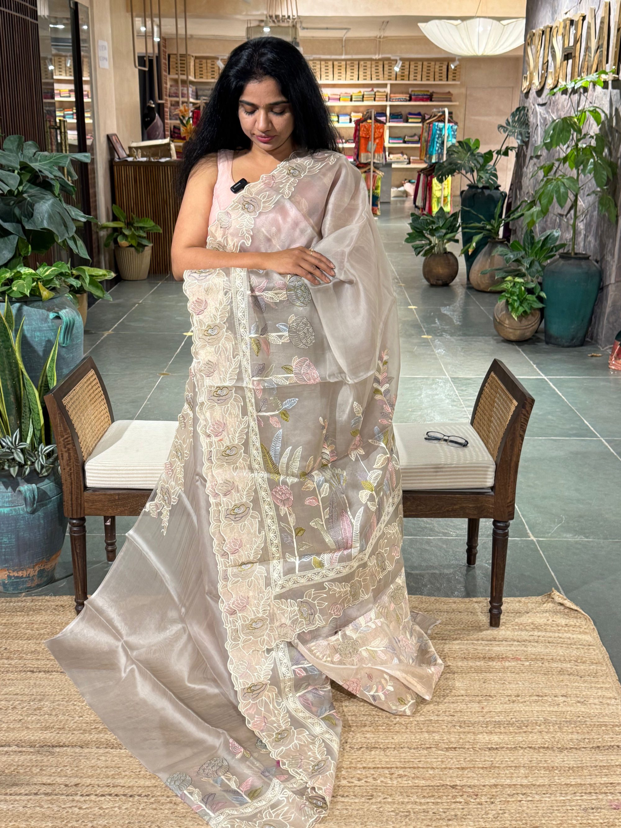 Earthy Tone Pure Organza Saree with embroidered and cutwork borders