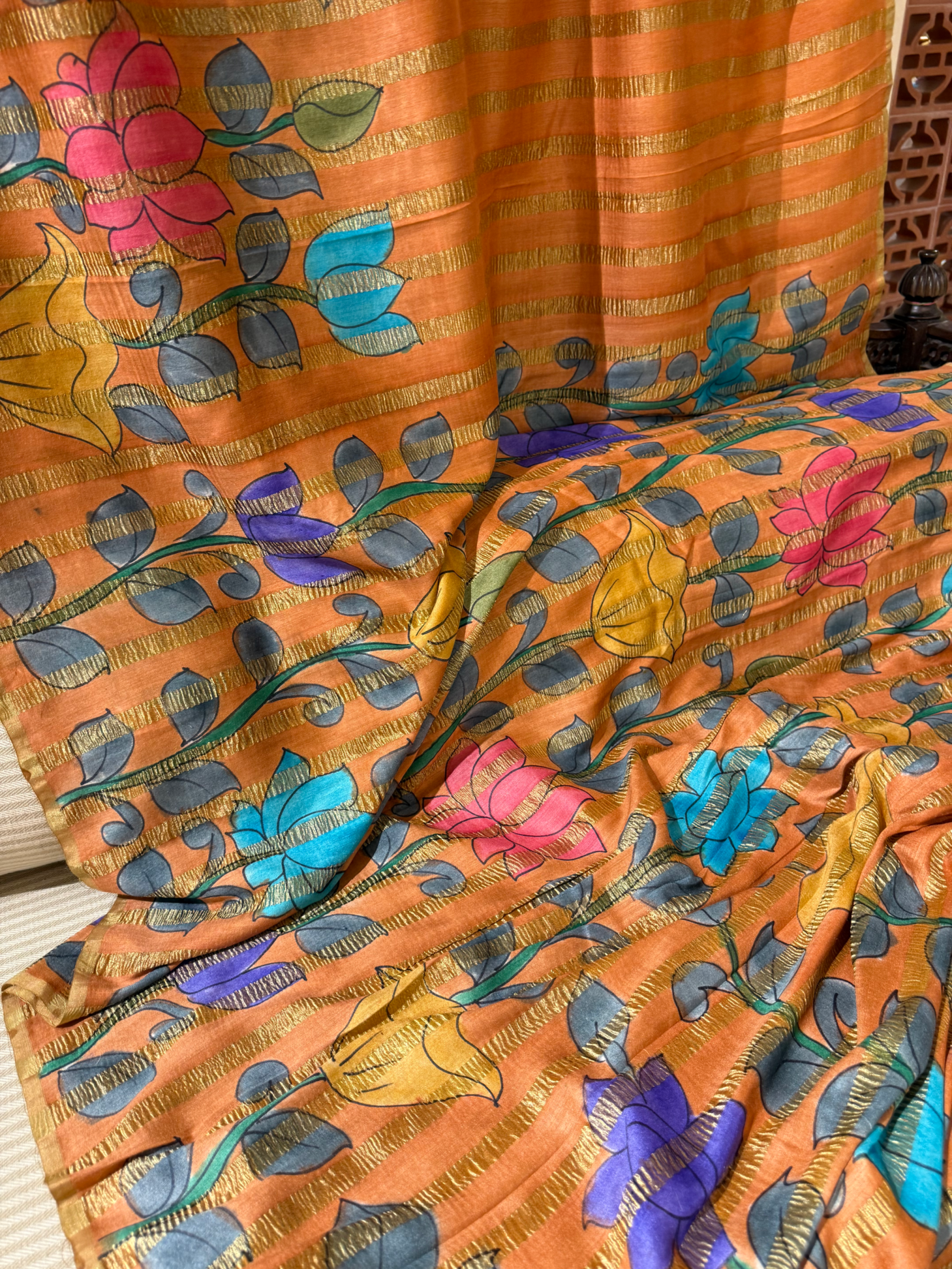 SMTKM174 Pure Handloom Munga Silk Wth Tissue Stripes & Penkalamkari Handpainting