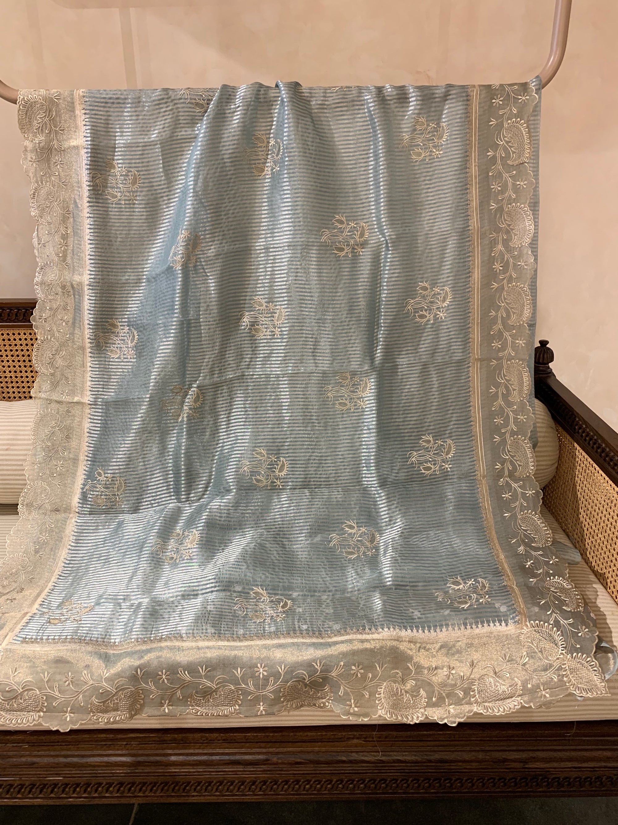 Iceberg Blue Designer Banarasi Tissue Saree with embroidery