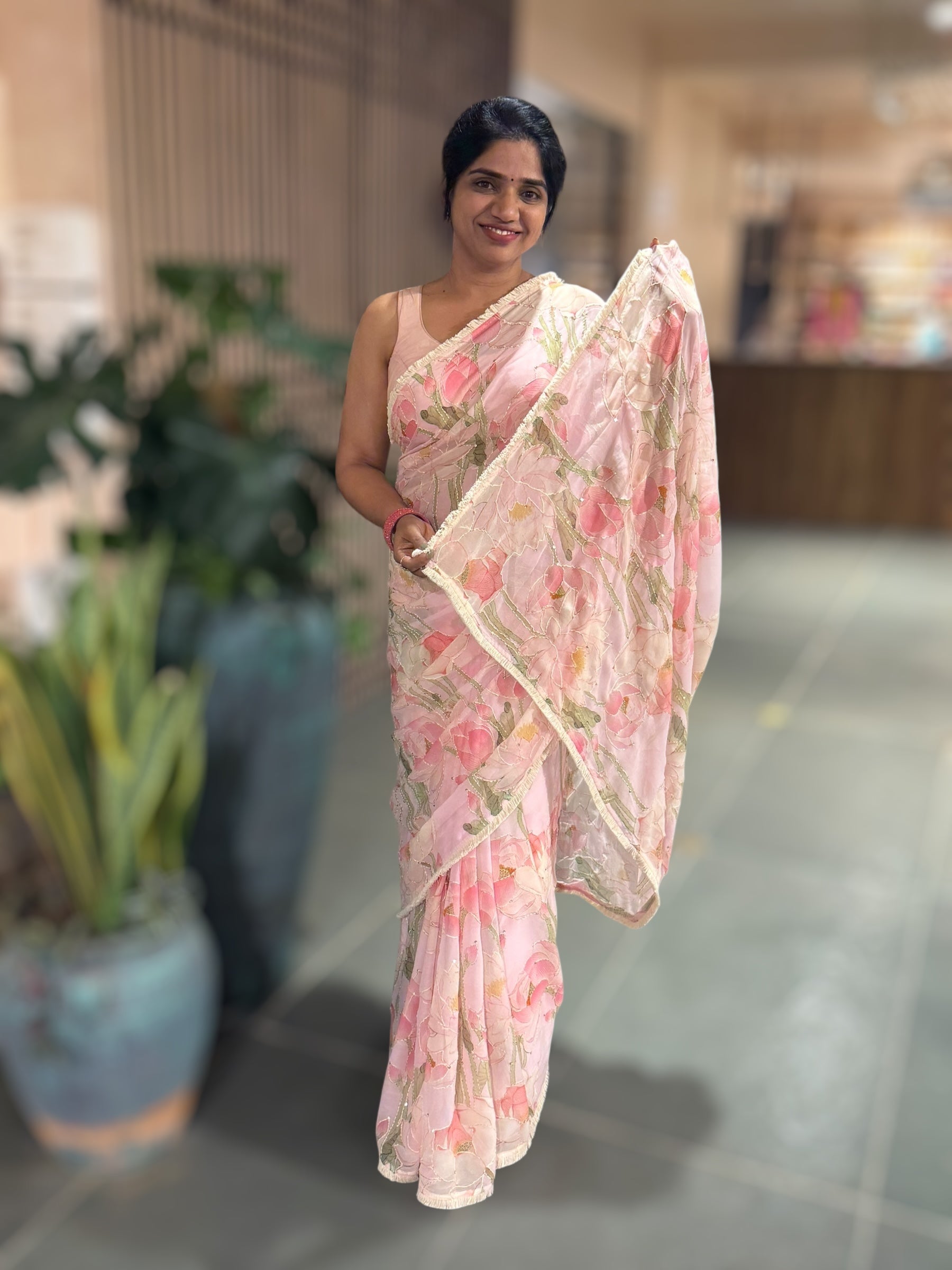 Pastel Pink Pure Gorgette Printed Saree With Allover Hand Done Katha work