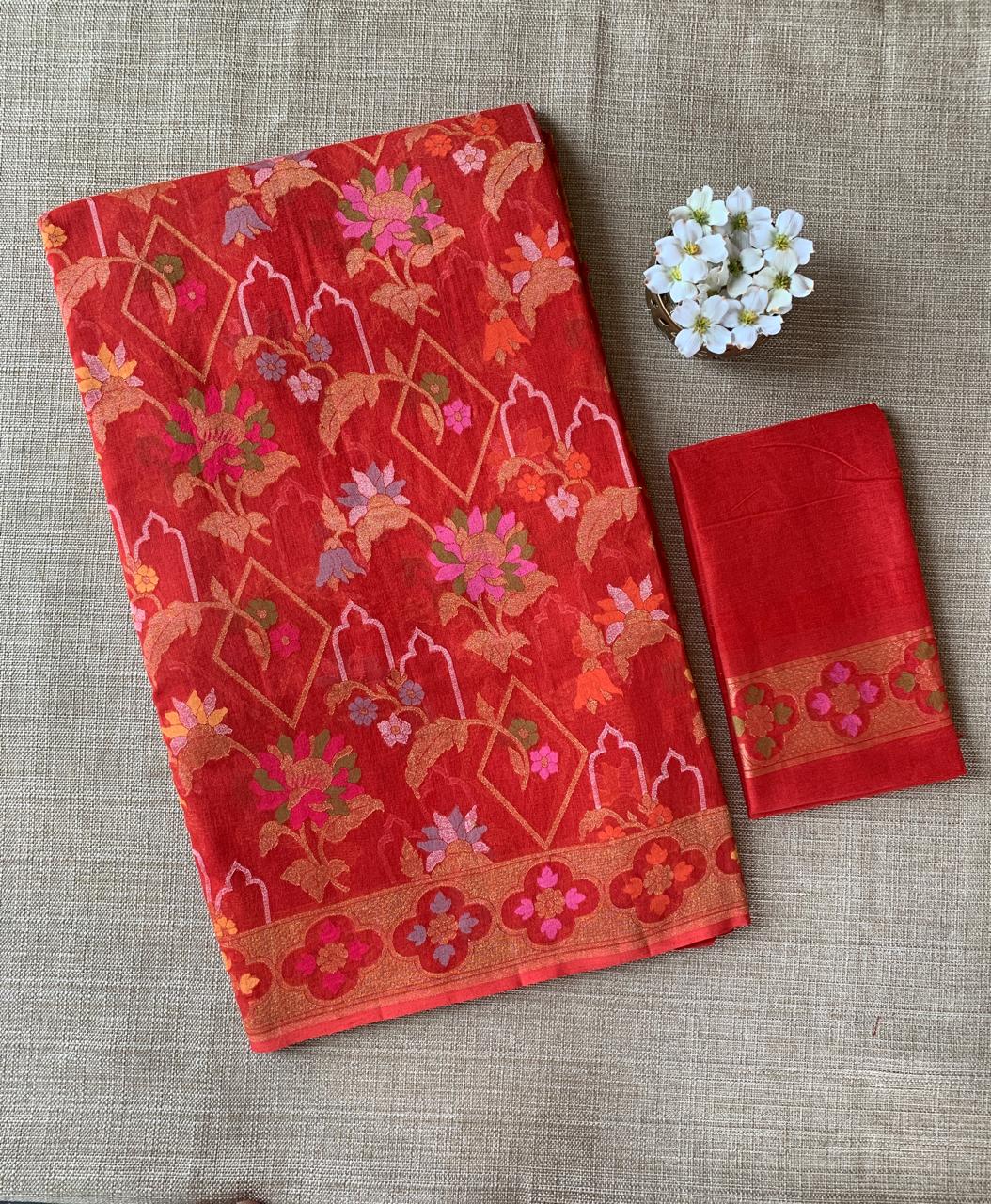Carrot Color Banarasi Handloom Cotton  Cut Jamdani Saree With Allover Meenakari