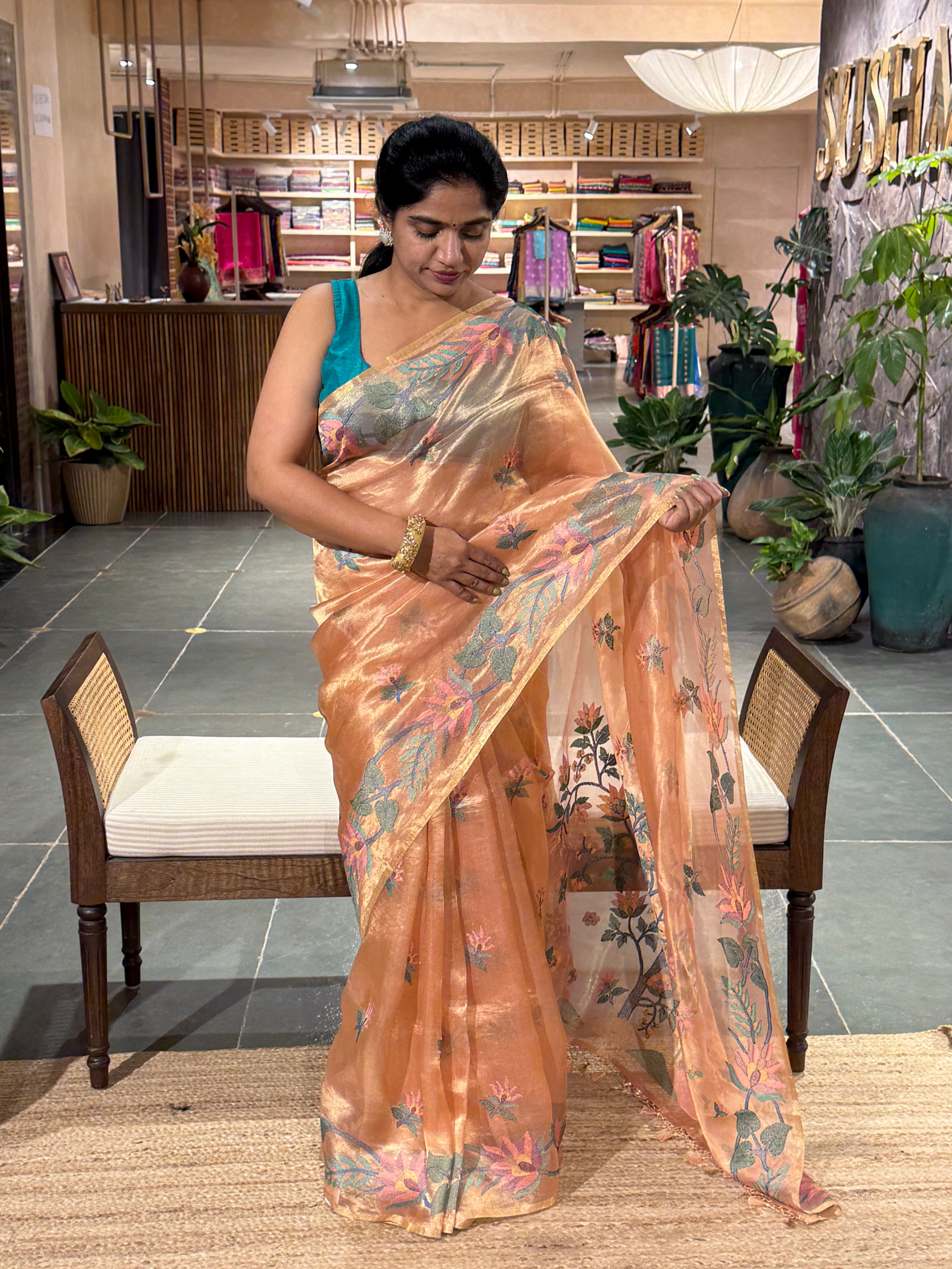 STJA207 : Peach Tissue With Jamdani Look Embroidery