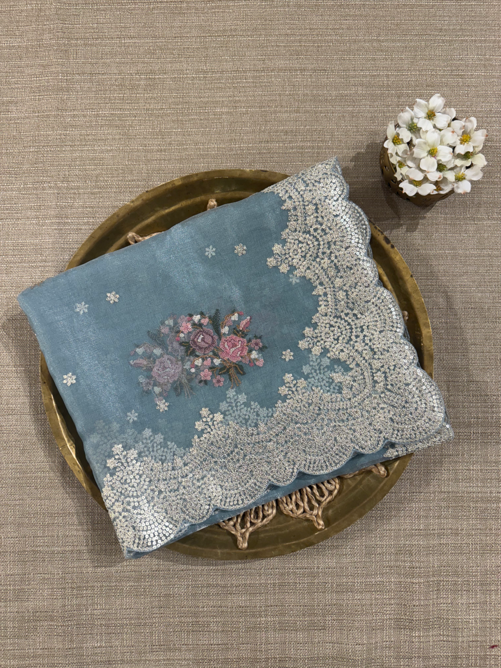 Pastel Blue Tissue Saree With allover Petite Point Motifs & Pittai Sequence Borders