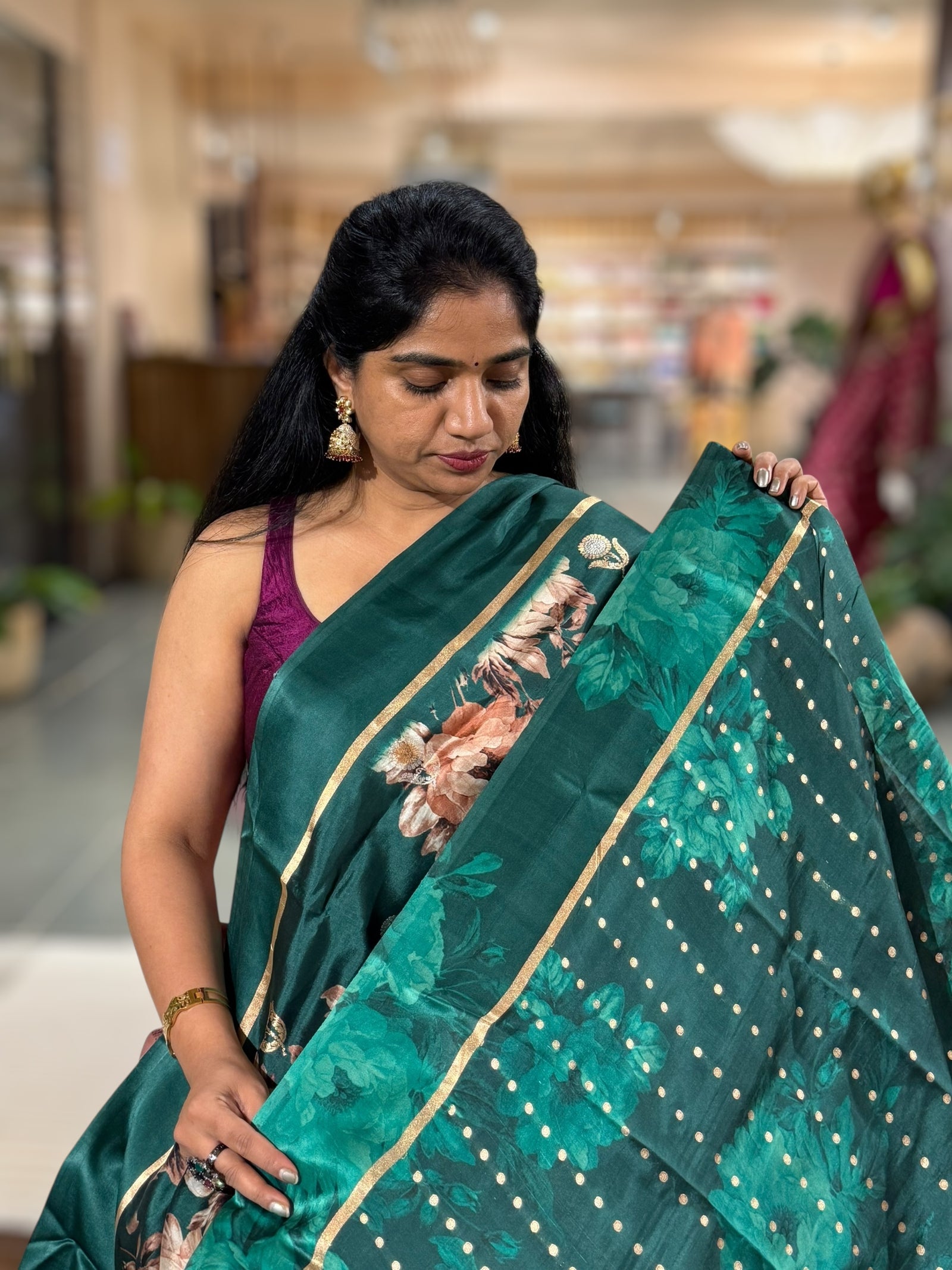 Forest Green Kanchi Soft Silk with Bold Floral Print